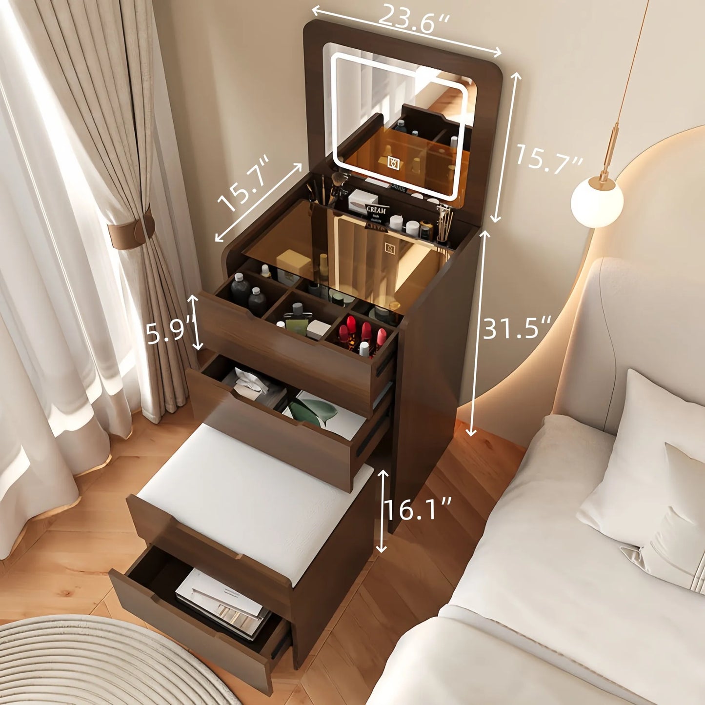 Compact Flip-Top Makeup Vanity with Lighted Mirror and Glass Desktop – 60 cm / Walnut – view 7