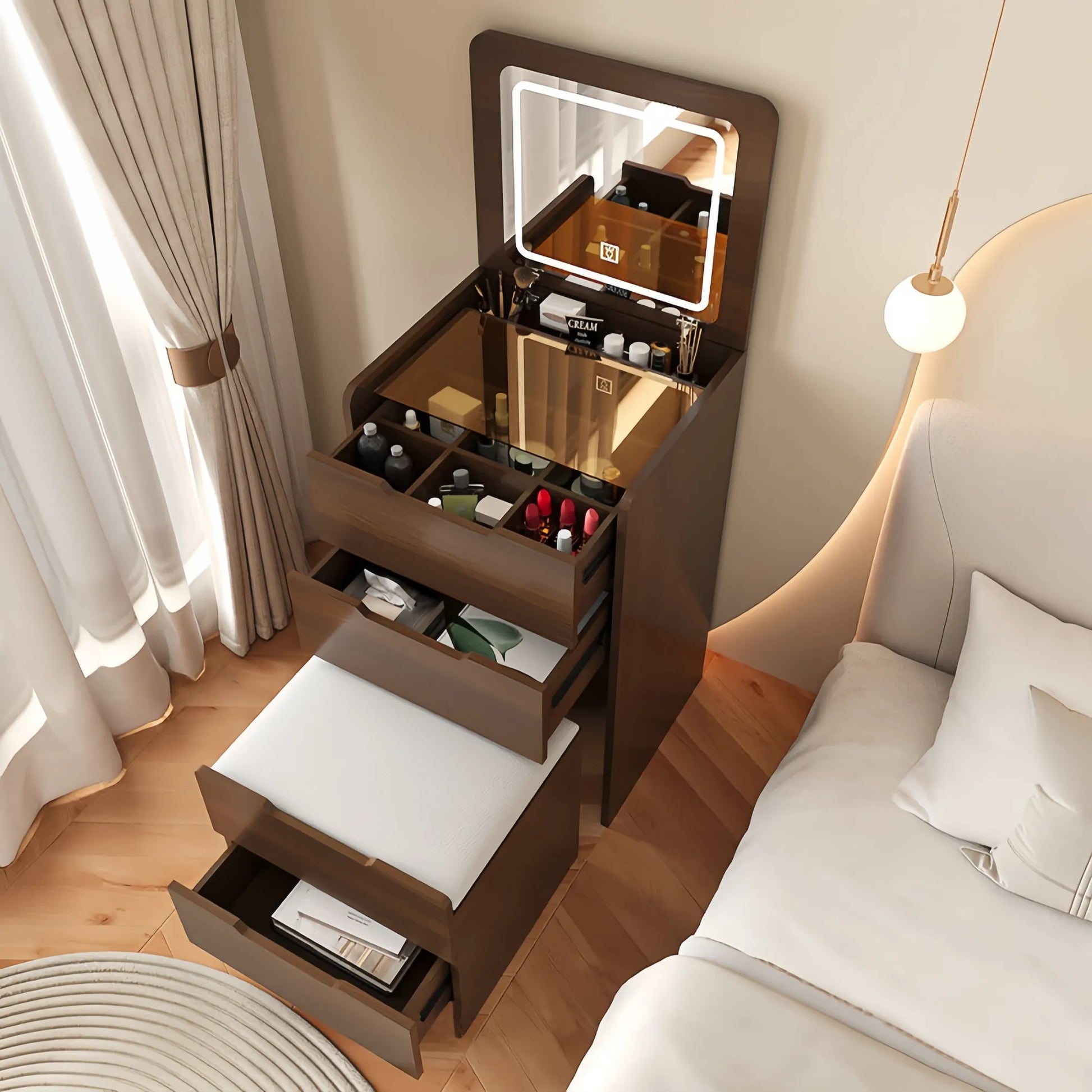 Compact Flip-Top Makeup Vanity with Lighted Mirror and Glass Desktop – 60 cm / Walnut – view 11