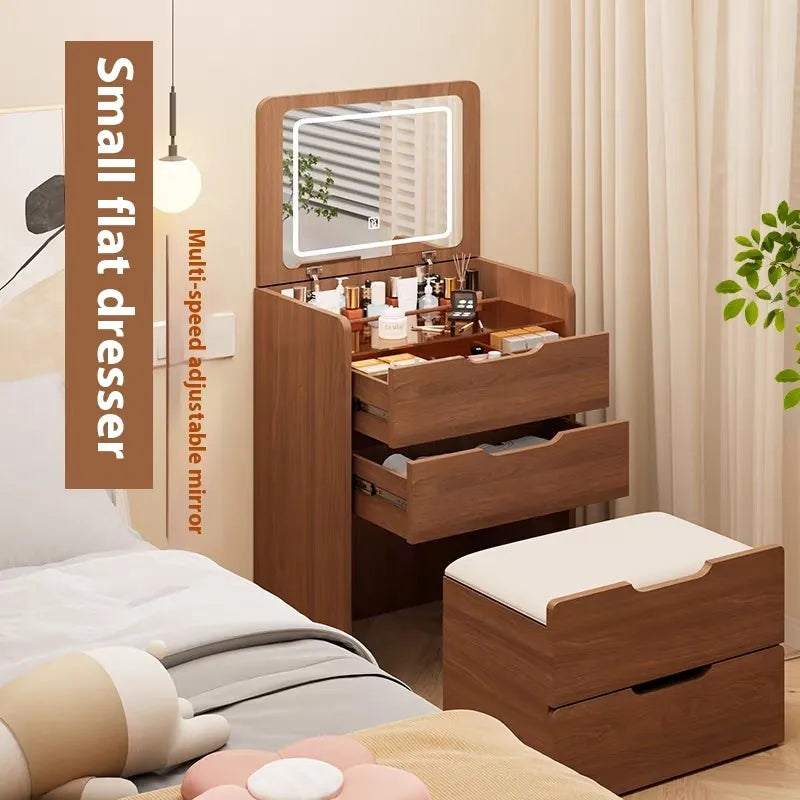 Compact Flip-Top Makeup Vanity with Lighted Mirror and Glass Desktop – 60 cm / Walnut – view 12