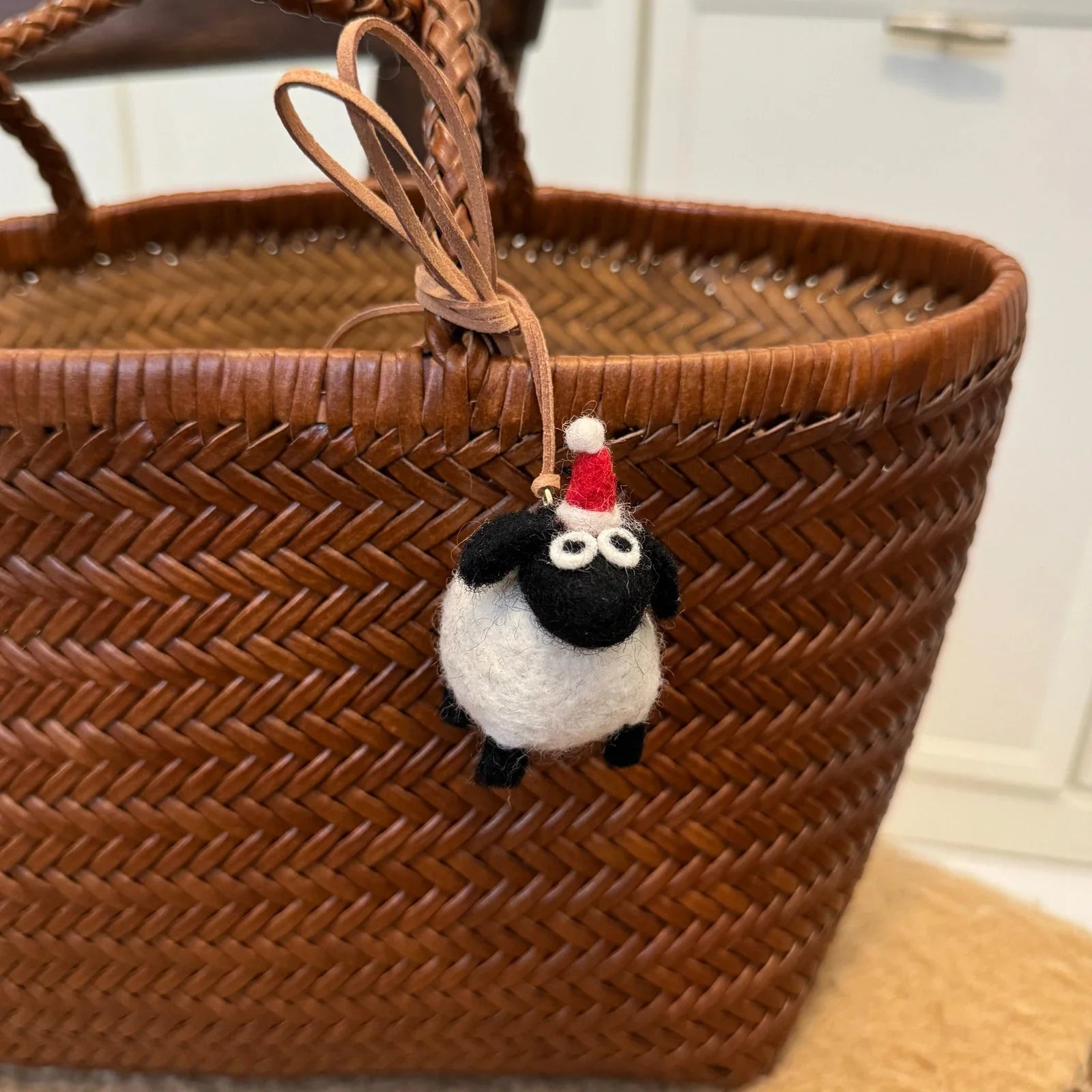 Handmade wool felt sheep bag charm – red hat little sheep
