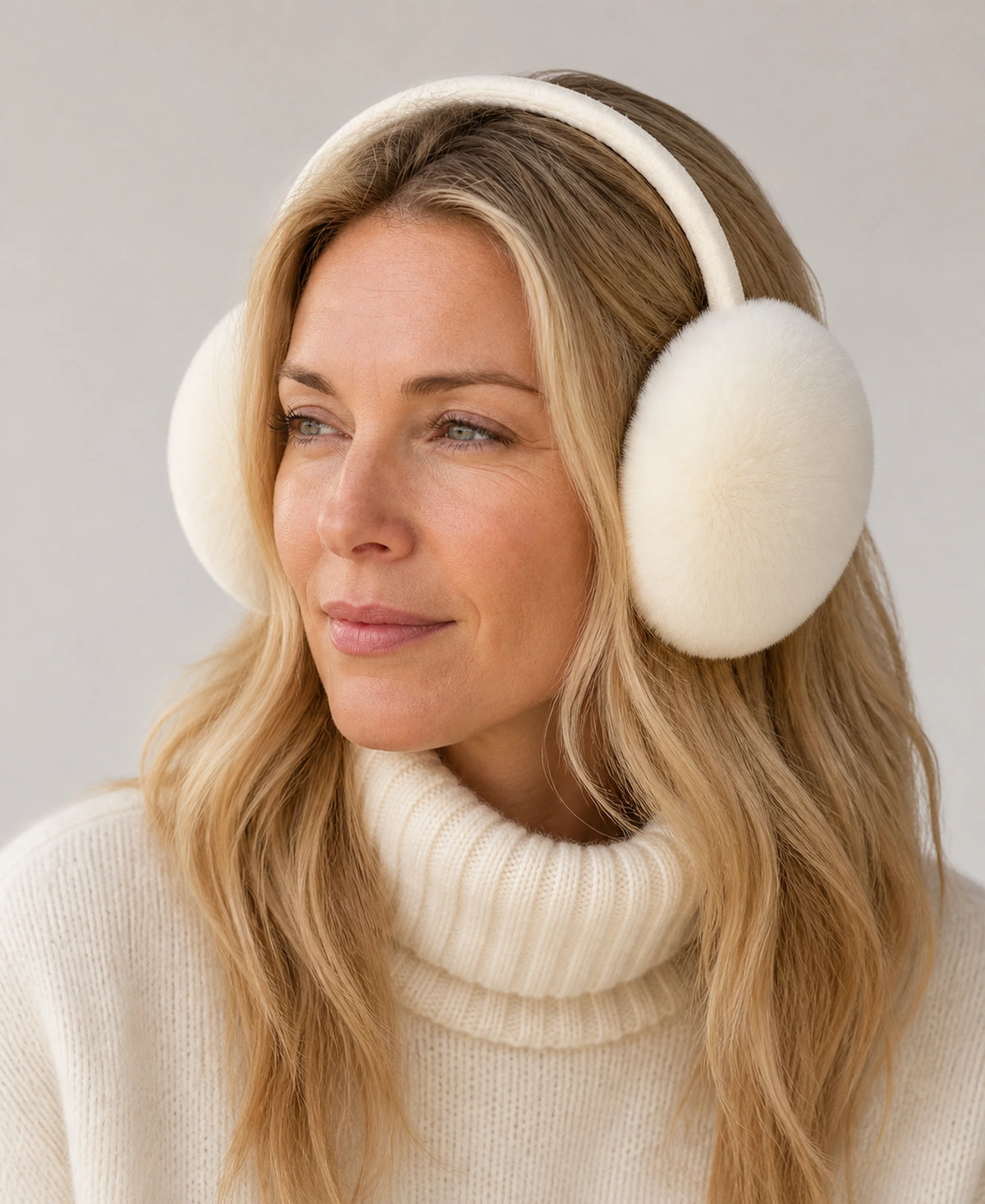 Genuine Rex Rabbit Fur Earmuffs – Color: Ivory White on-model lifestyle image