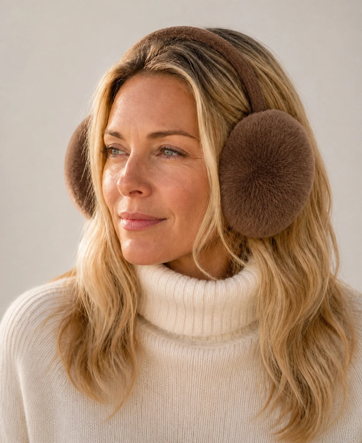 Genuine Rex Rabbit Fur Earmuffs - Adjustable Winter Ear Warmers – Color: Mocha Brown on-model lifestyle image