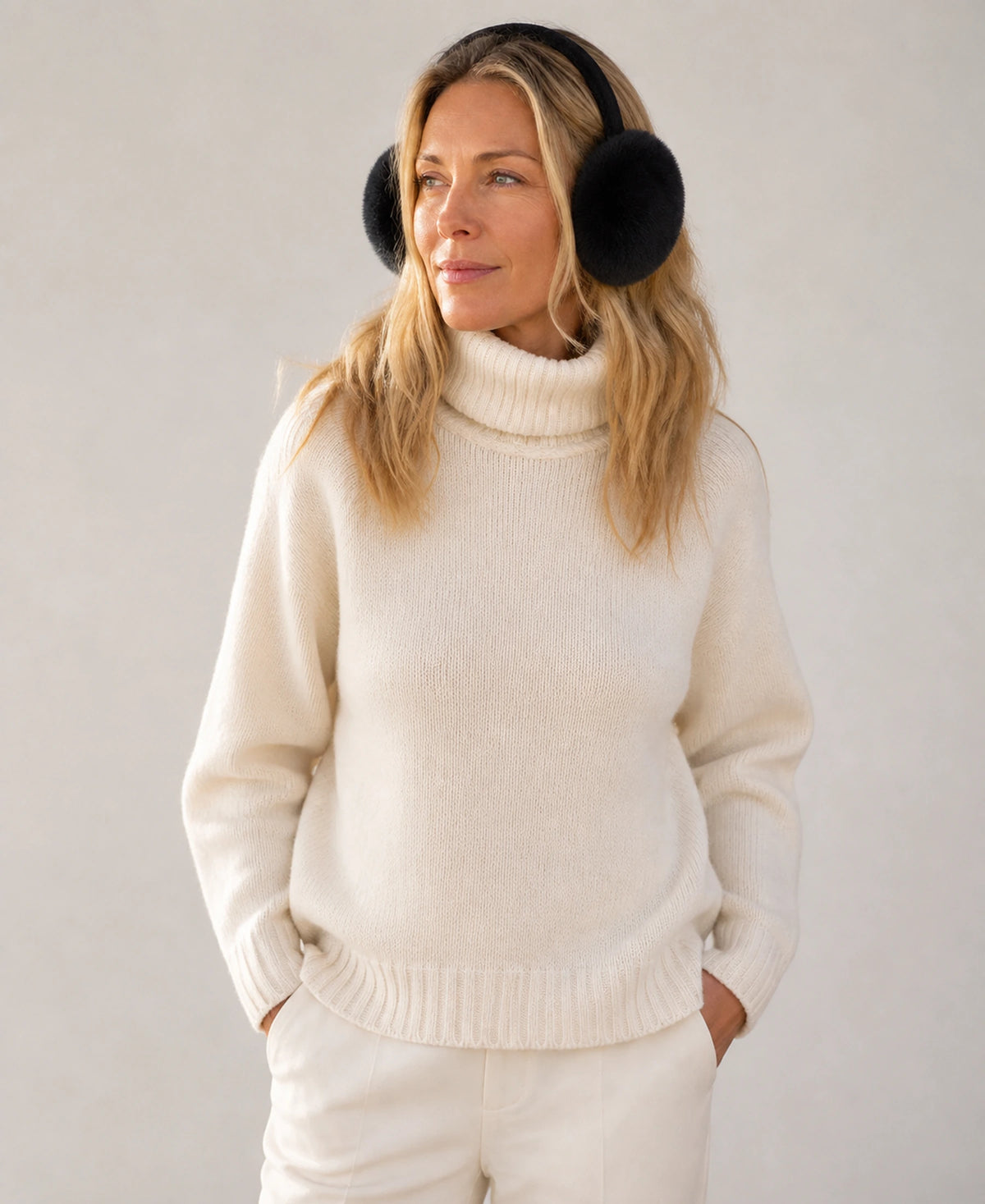 Genuine Rex Rabbit Fur Earmuffs - Adjustable Winter Ear Warmers – Color: Natural Black on-model lifestyle image