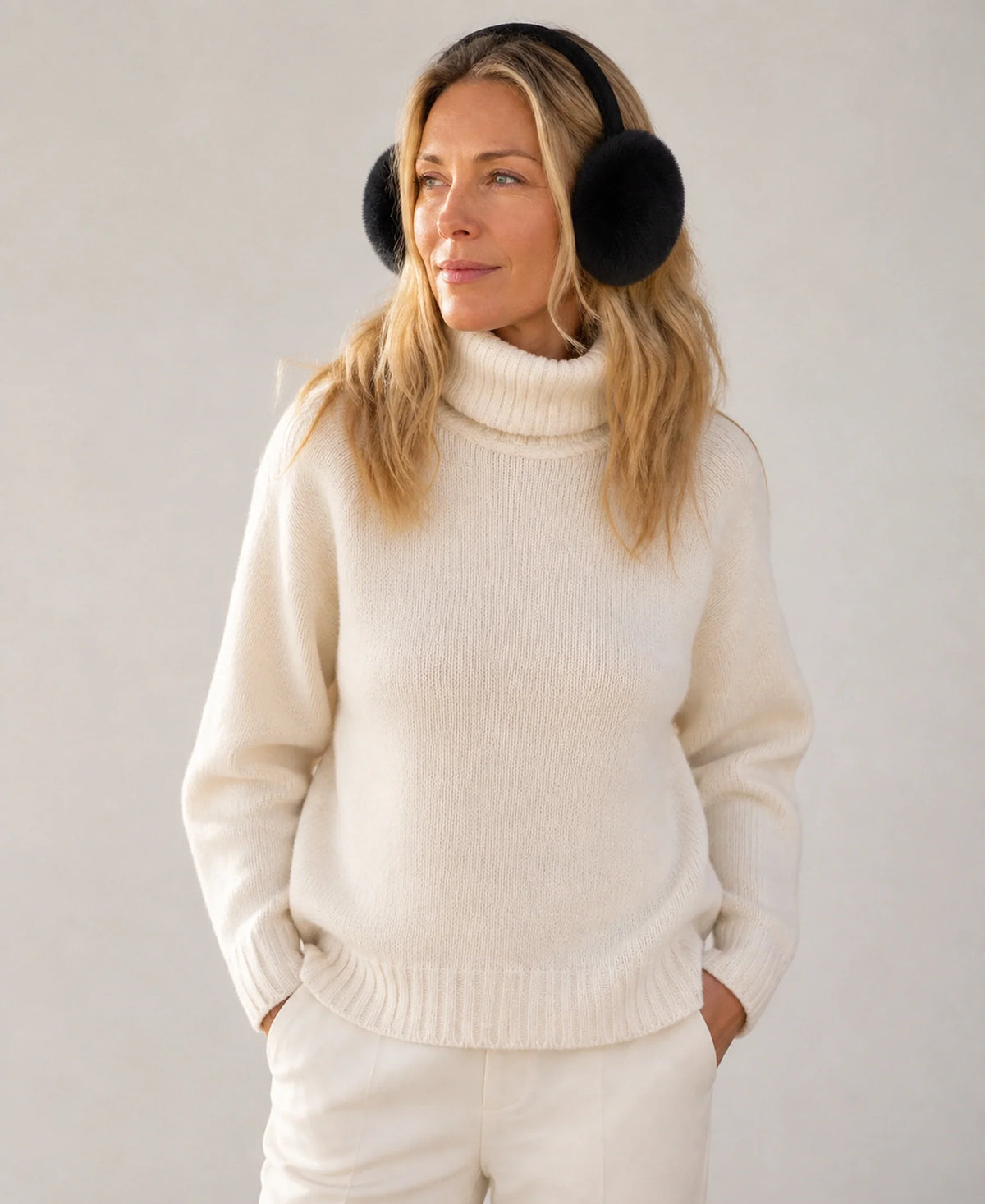Genuine Rex Rabbit Fur Earmuffs - Adjustable Winter Ear Warmers – Color: Natural Black on-model lifestyle image