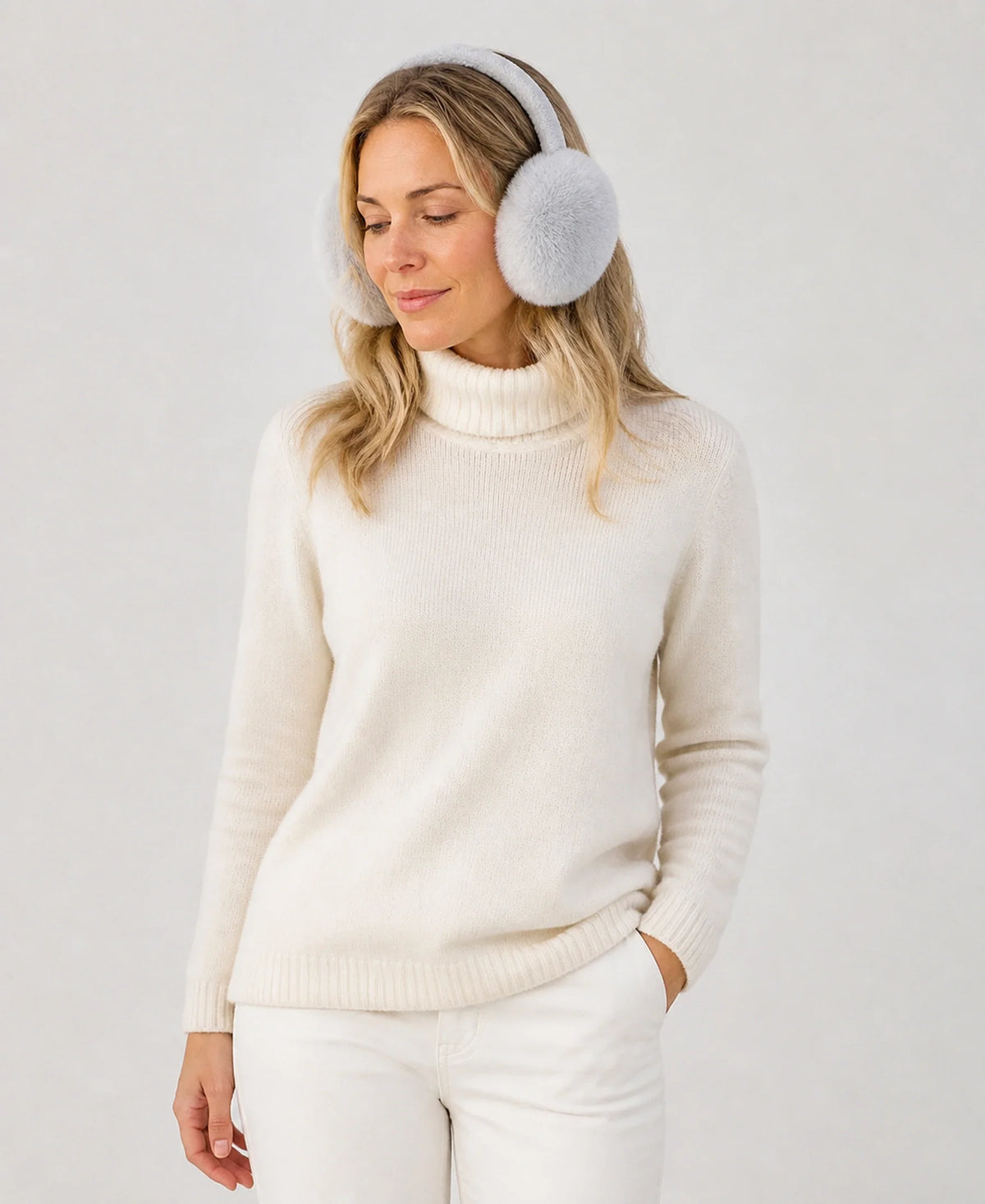 Genuine Rex Rabbit Fur Earmuffs - Adjustable Winter Ear Warmers – Color: Silver Gray on-model lifestyle image