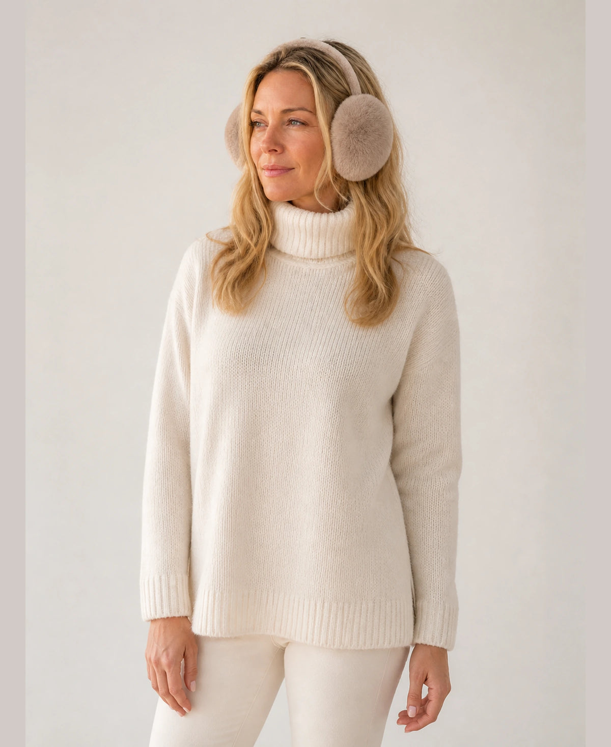 Genuine Rex Rabbit Fur Earmuffs - Adjustable Winter Ear Warmers – Color: Taupe on-model lifestyle image
