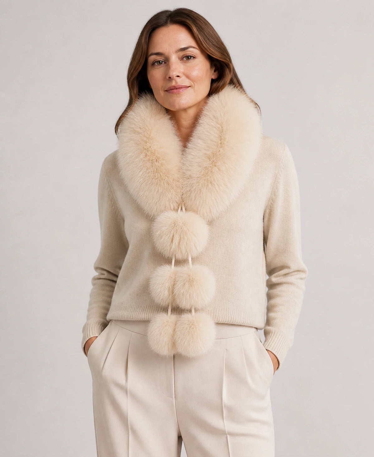 Genuine Fox Fur Pom-Pom Scarf - Double-Sided Winter Collar – Color: Cream Beige on-model lifestyle image