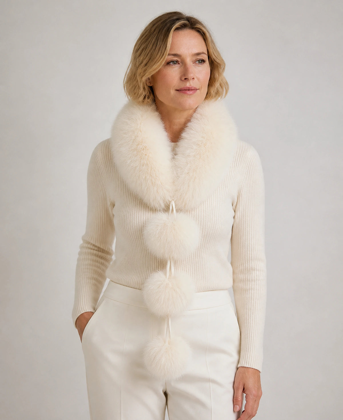 Genuine Fox Fur Pom-Pom Scarf - Double-Sided Winter Collar – Color: Ivory White on-model lifestyle image