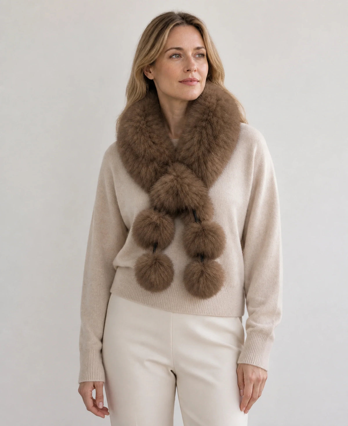 Genuine Fox Fur Pom-Pom Scarf - Double-Sided Winter Collar – Color: Mocha Brown on-model lifestyle image