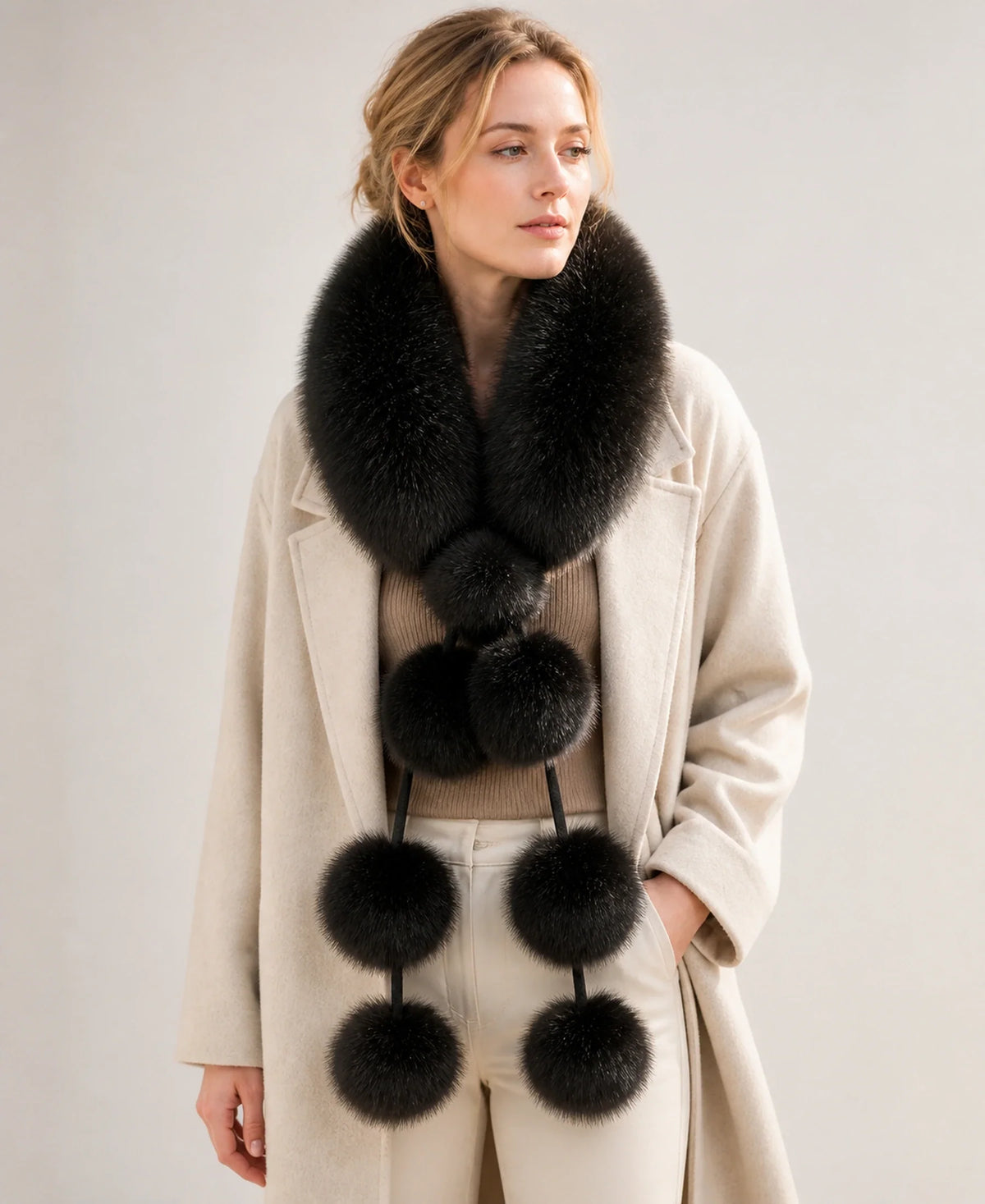 Genuine Fox Fur Pom-Pom Scarf - Double-Sided Winter Collar – Color: Natural Black on-model lifestyle image