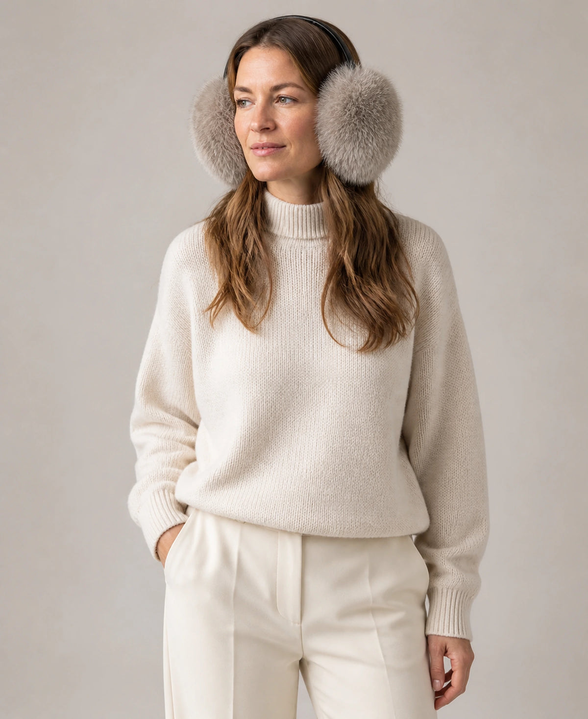 Oversized Genuine Natural Fur Earmuffs - Asiatic Raccoon & Silver Fox – Fur & Color: Silver Fox - Silver Gray on-model lifestyle image