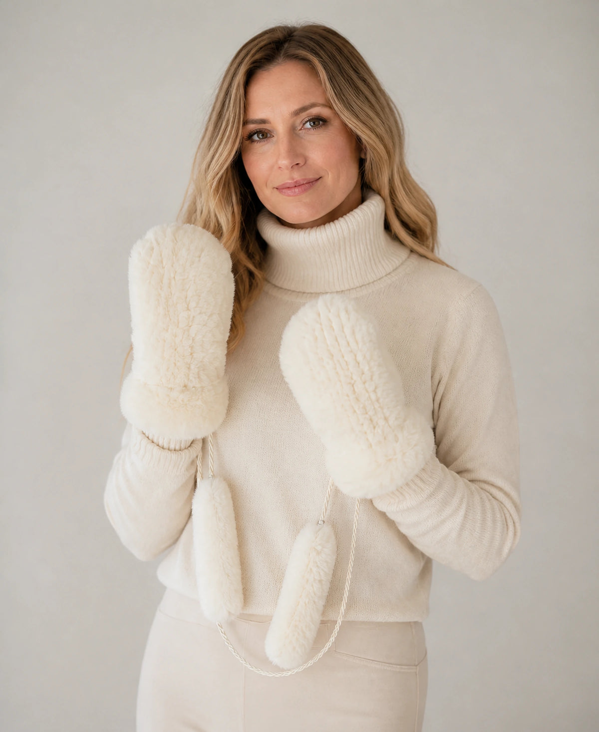 Genuine Rex Rabbit Fur Knit Mittens - Warm Lined Winter Gloves – Color: Cream Beige on-model lifestyle image