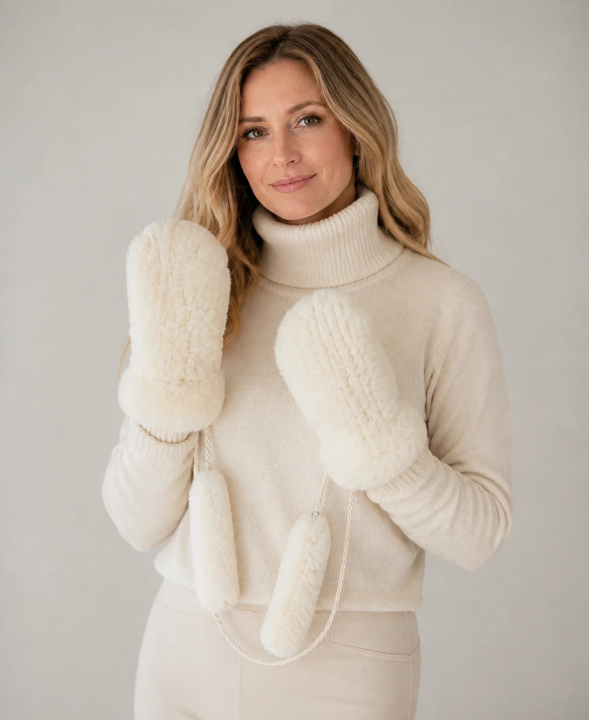 Genuine Rex Rabbit Fur Knit Mittens - Warm Lined Winter Gloves – Color: Cream Beige on-model lifestyle image