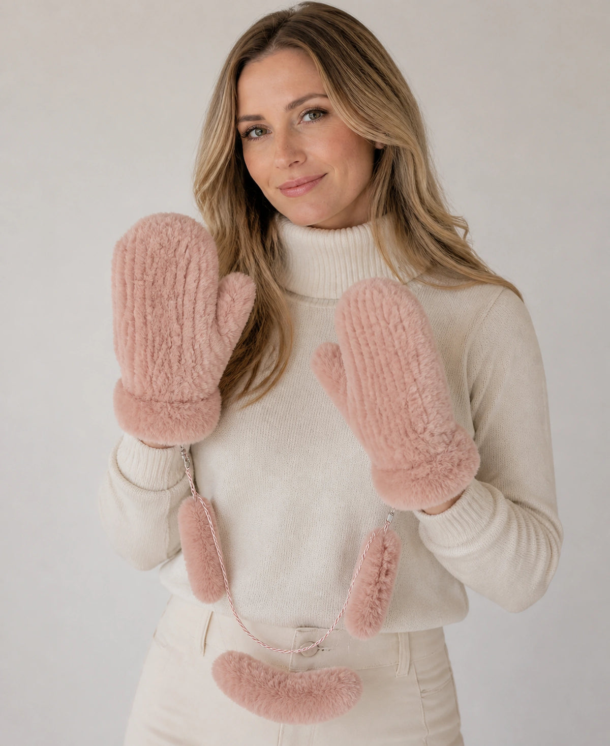 Genuine Rex Rabbit Fur Knit Mittens - Warm Lined Winter Gloves – Color: Dusty Rose on-model lifestyle image