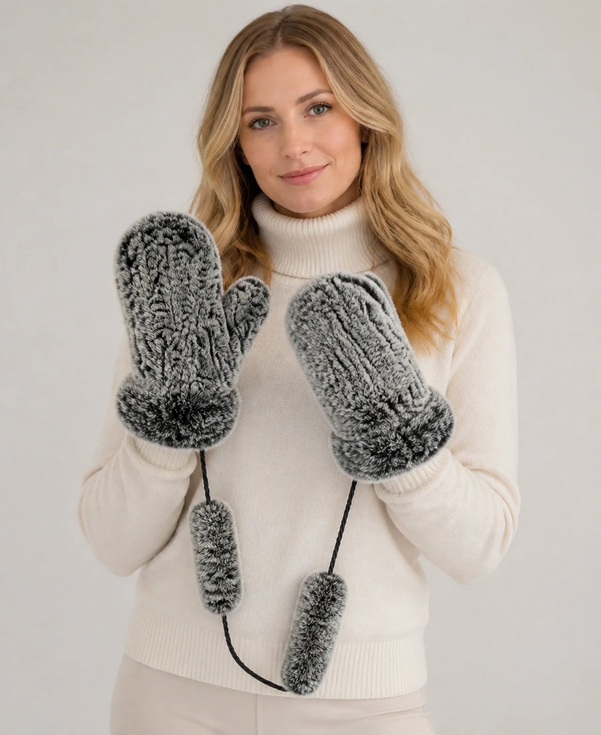 Genuine Rex Rabbit Fur Knit Mittens - Warm Lined Winter Gloves – Color: Frosted Charcoal on-model lifestyle image