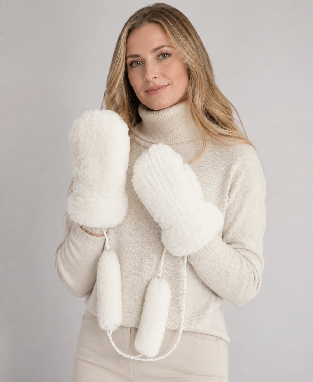 Genuine Rex Rabbit Fur Knit Mittens - Warm Lined Winter Gloves – Color: Natural White on-model lifestyle image