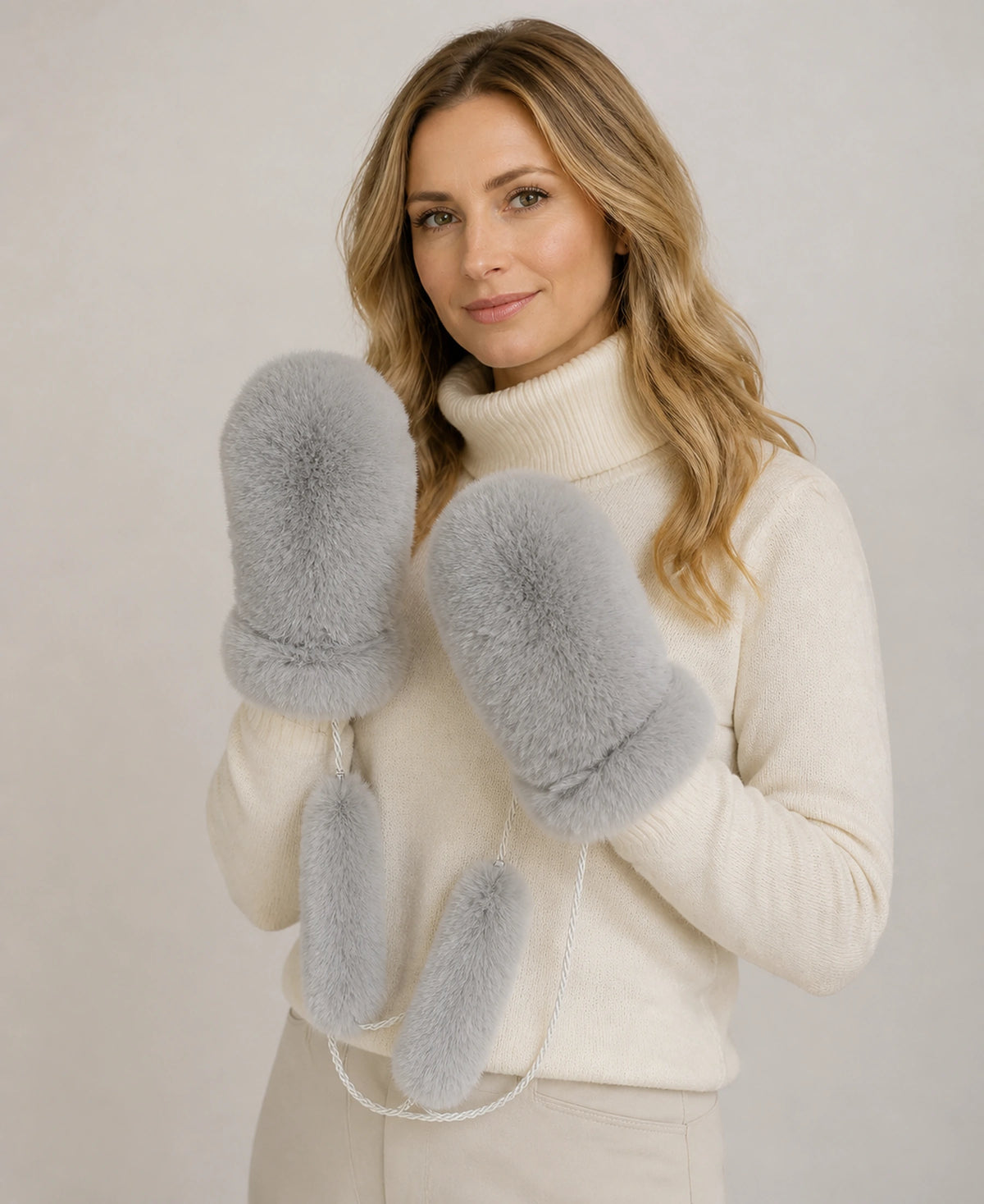 Genuine Rex Rabbit Fur Knit Mittens - Warm Lined Winter Gloves – Color: Silver Gray on-model lifestyle image