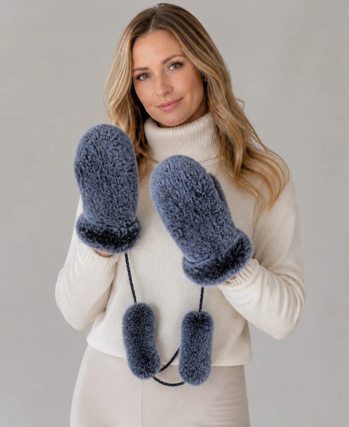 Genuine Rex Rabbit Fur Knit Mittens - Warm Lined Winter Gloves – Color: Slate Blue on-model lifestyle image