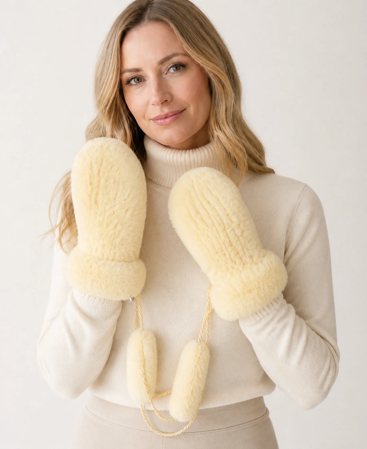 Genuine Rex Rabbit Fur Knit Mittens - Warm Lined Winter Gloves – Color: Soft Apricot on-model lifestyle image