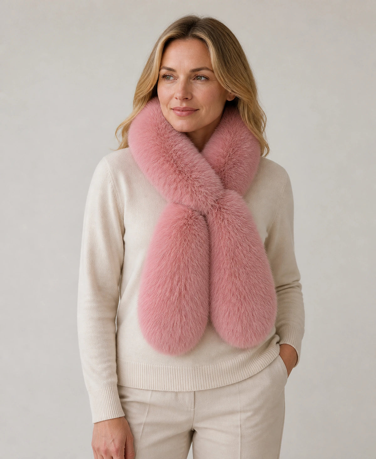 Double-Sided Genuine Fox Fur Scarf - Thick Pull-Through Neck Warmer – Color: Dusty Rose on-model lifestyle image