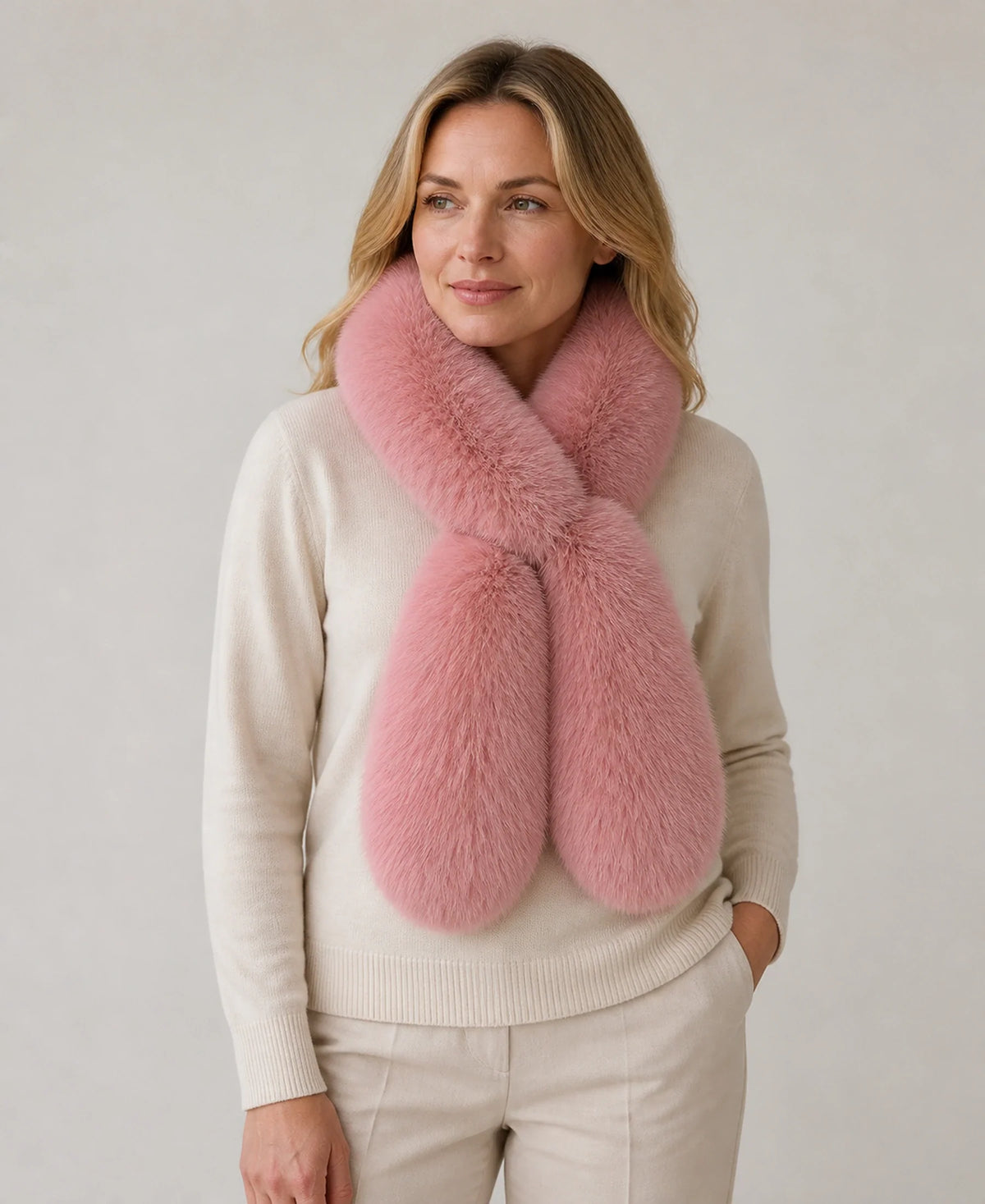 Double-Sided Genuine Fox Fur Scarf - Thick Pull-Through Neck Warmer – Color: Dusty Rose on-model lifestyle image