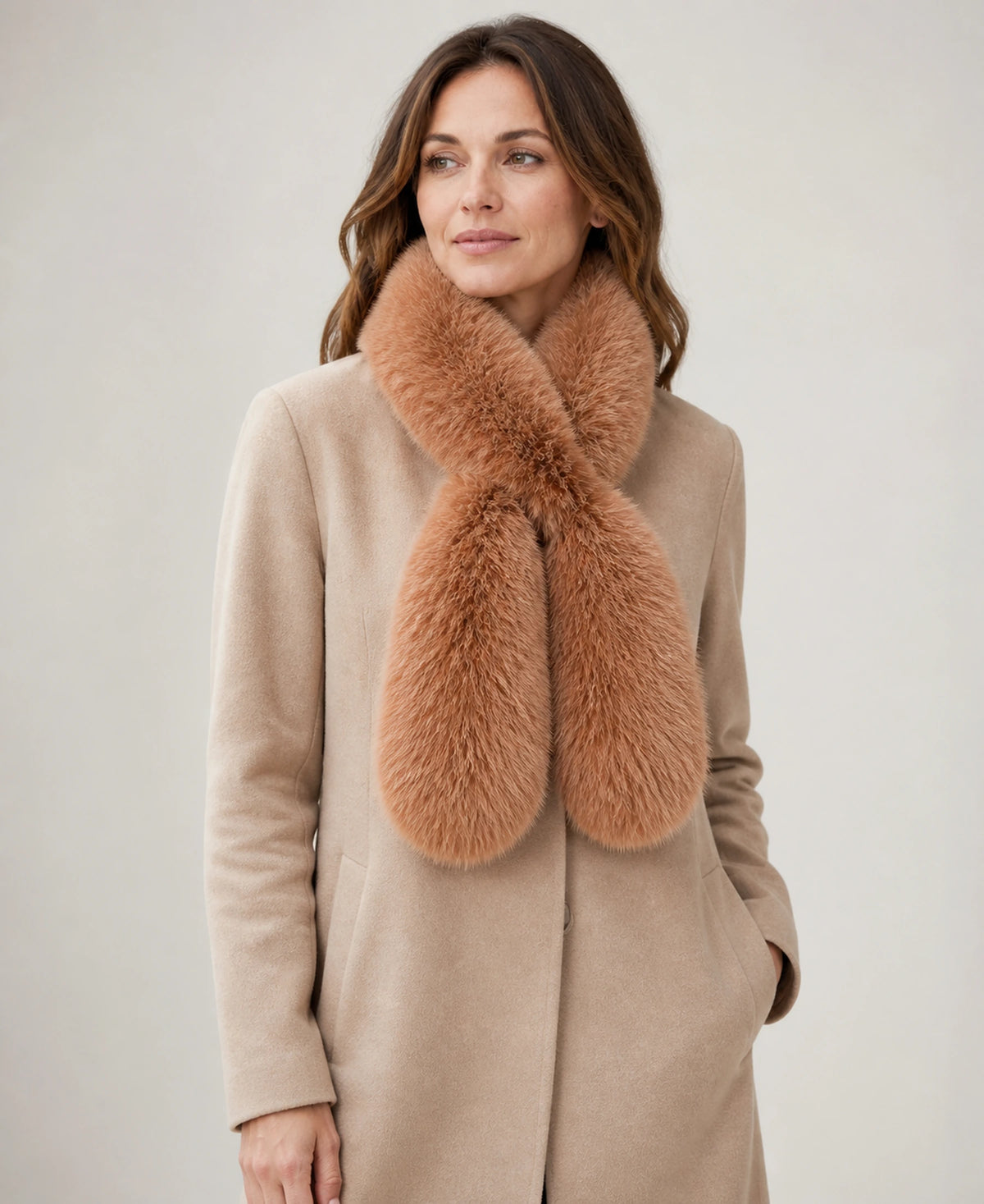 Double-Sided Genuine Fox Fur Scarf - Thick Pull-Through Neck Warmer – Color: Golden Camel on-model lifestyle image
