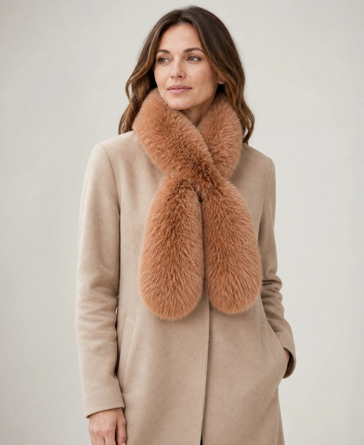 Double-Sided Genuine Fox Fur Scarf - Thick Pull-Through Neck Warmer – Color: Golden Camel on-model lifestyle image