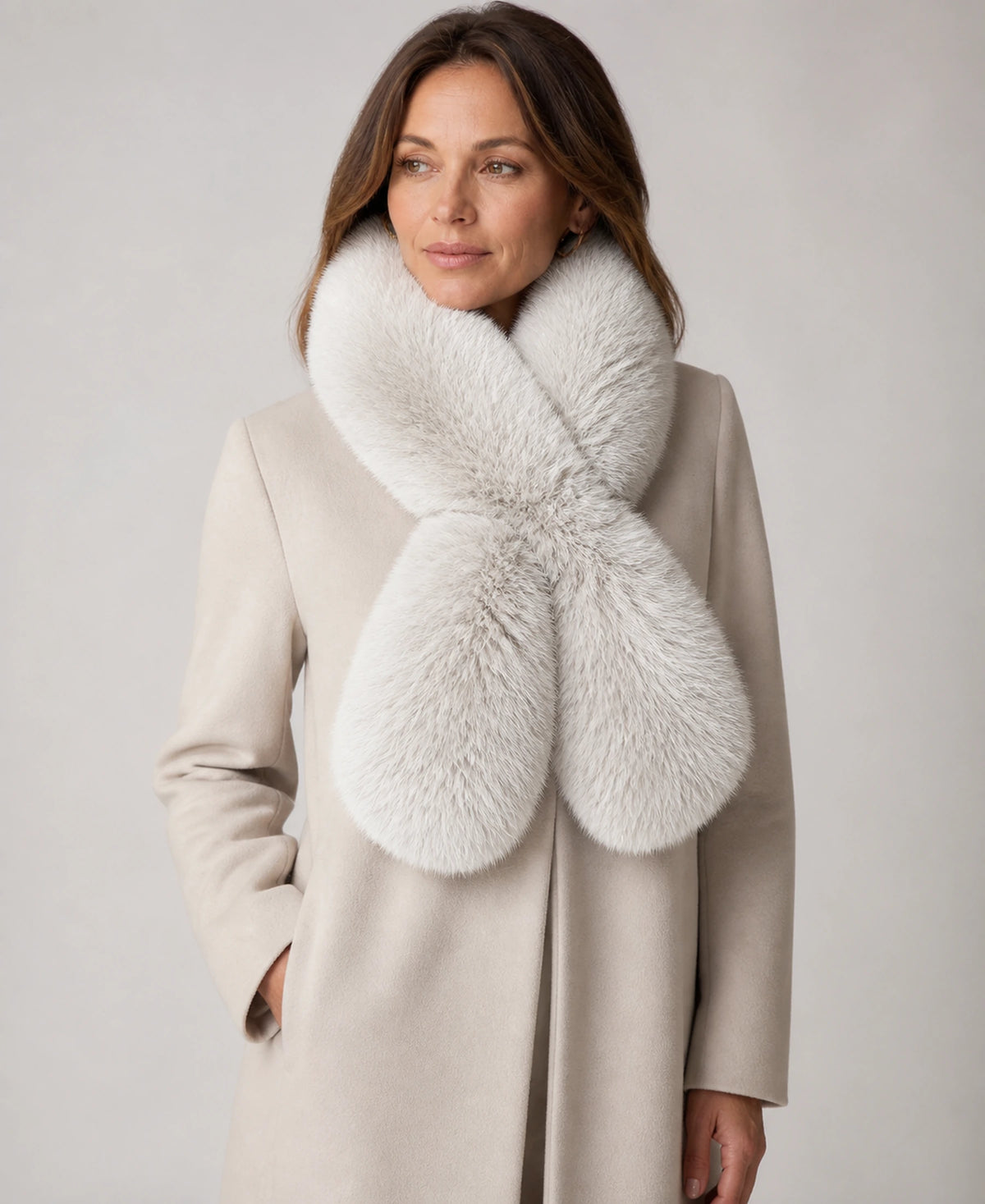 Double-Sided Genuine Fox Fur Scarf - Thick Pull-Through Neck Warmer – Color: Ivory White on-model lifestyle image