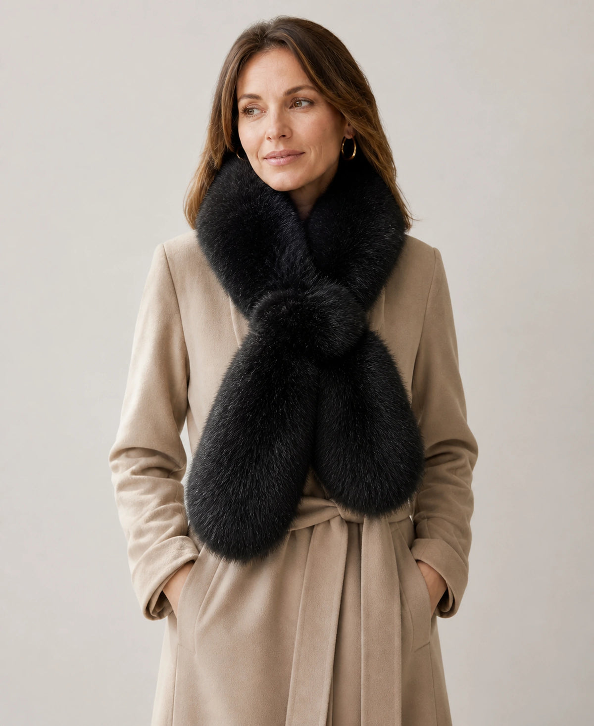 Double-Sided Genuine Fox Fur Scarf - Thick Pull-Through Neck Warmer – Color: Natural Black on-model lifestyle image