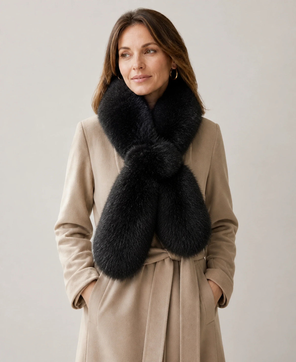 Double-Sided Genuine Fox Fur Scarf - Thick Pull-Through Neck Warmer – Color: Natural Black on-model lifestyle image