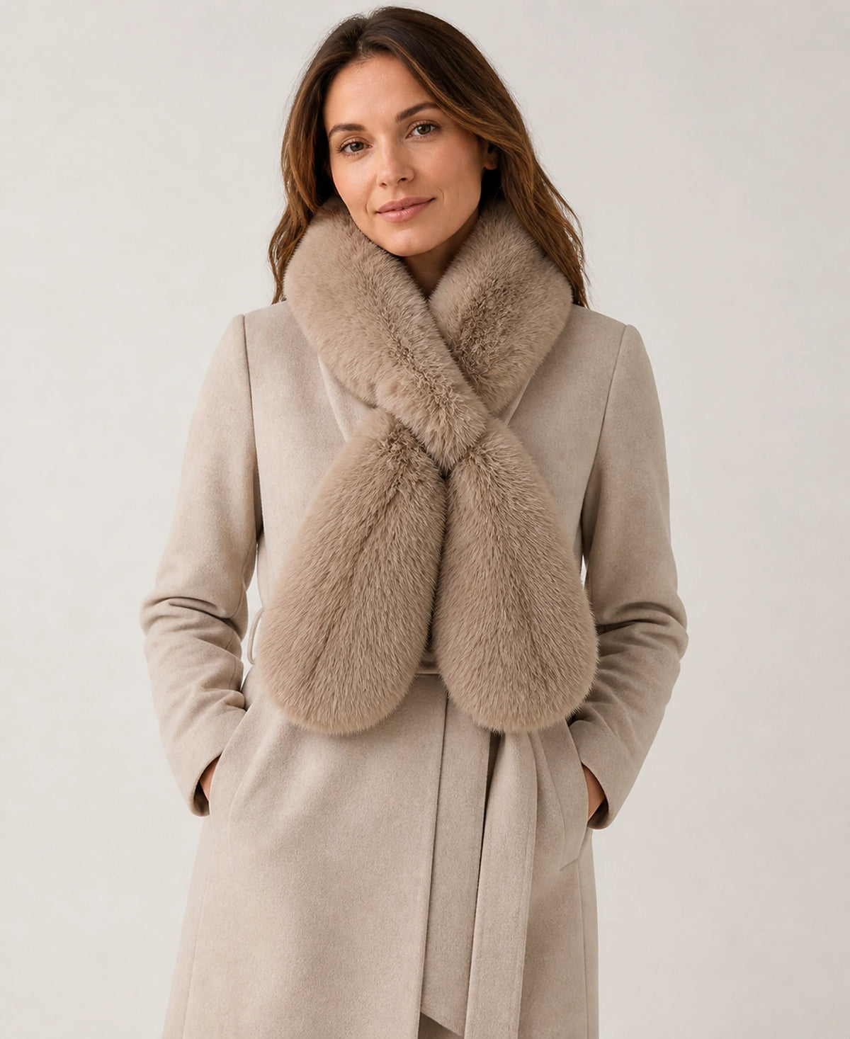Double-Sided Genuine Fox Fur Scarf - Thick Pull-Through Neck Warmer – Color: Taupe Brown on-model lifestyle image