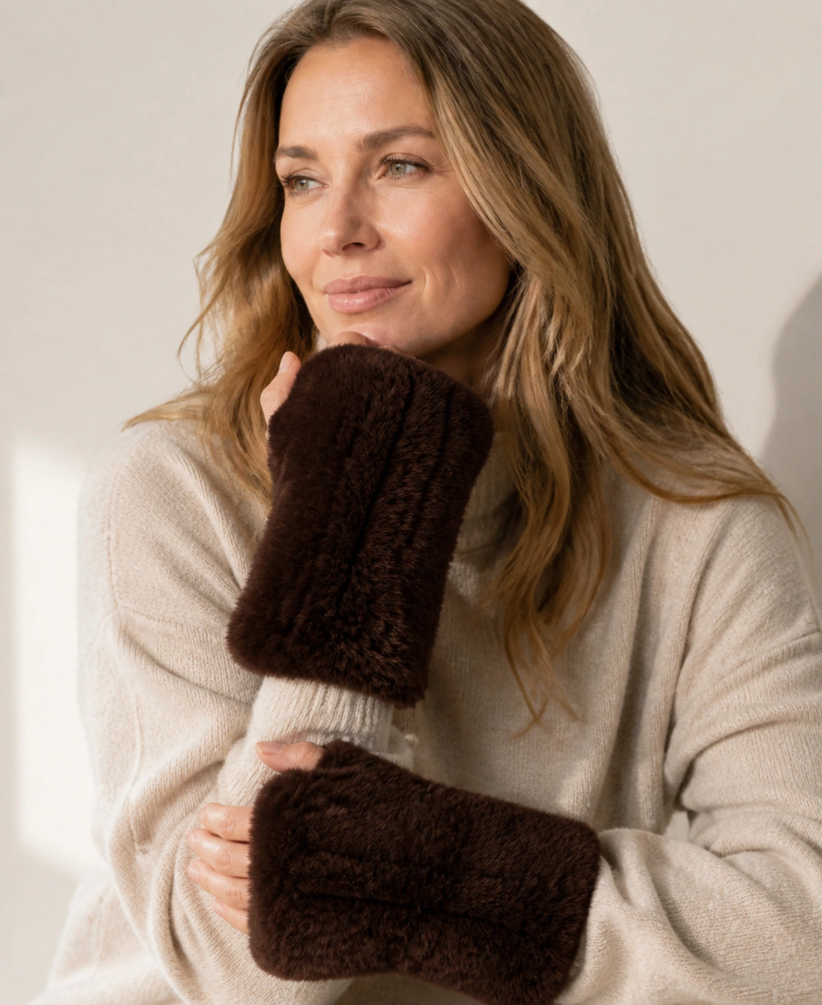 Genuine Rex Rabbit Fur Fingerless Mittens - Double-Sided Fur – Color: Deep Sable Brown on-model lifestyle image