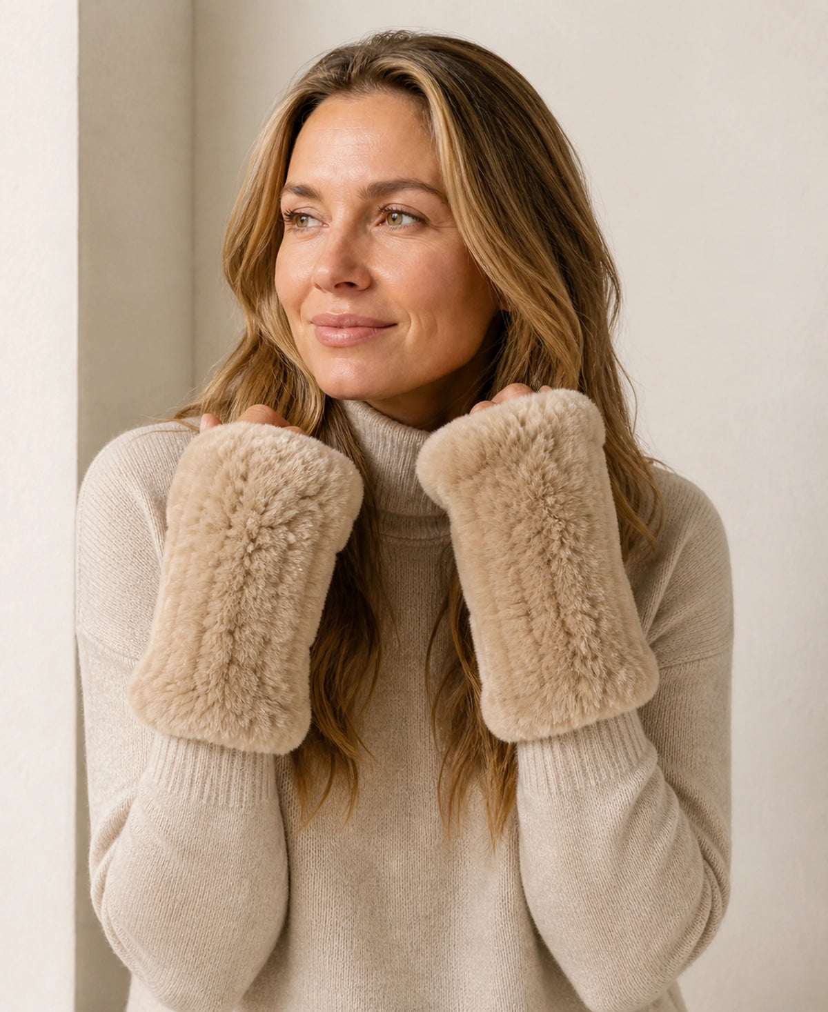 Genuine Rex Rabbit Fur Fingerless Mittens - Double-Sided Fur – Color: Natural Camel on-model lifestyle image
