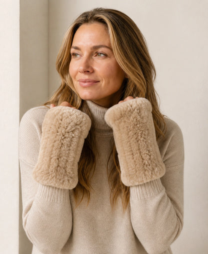 Genuine Rex Rabbit Fur Fingerless Mittens - Double-Sided Fur – Color: Natural Camel on-model lifestyle image