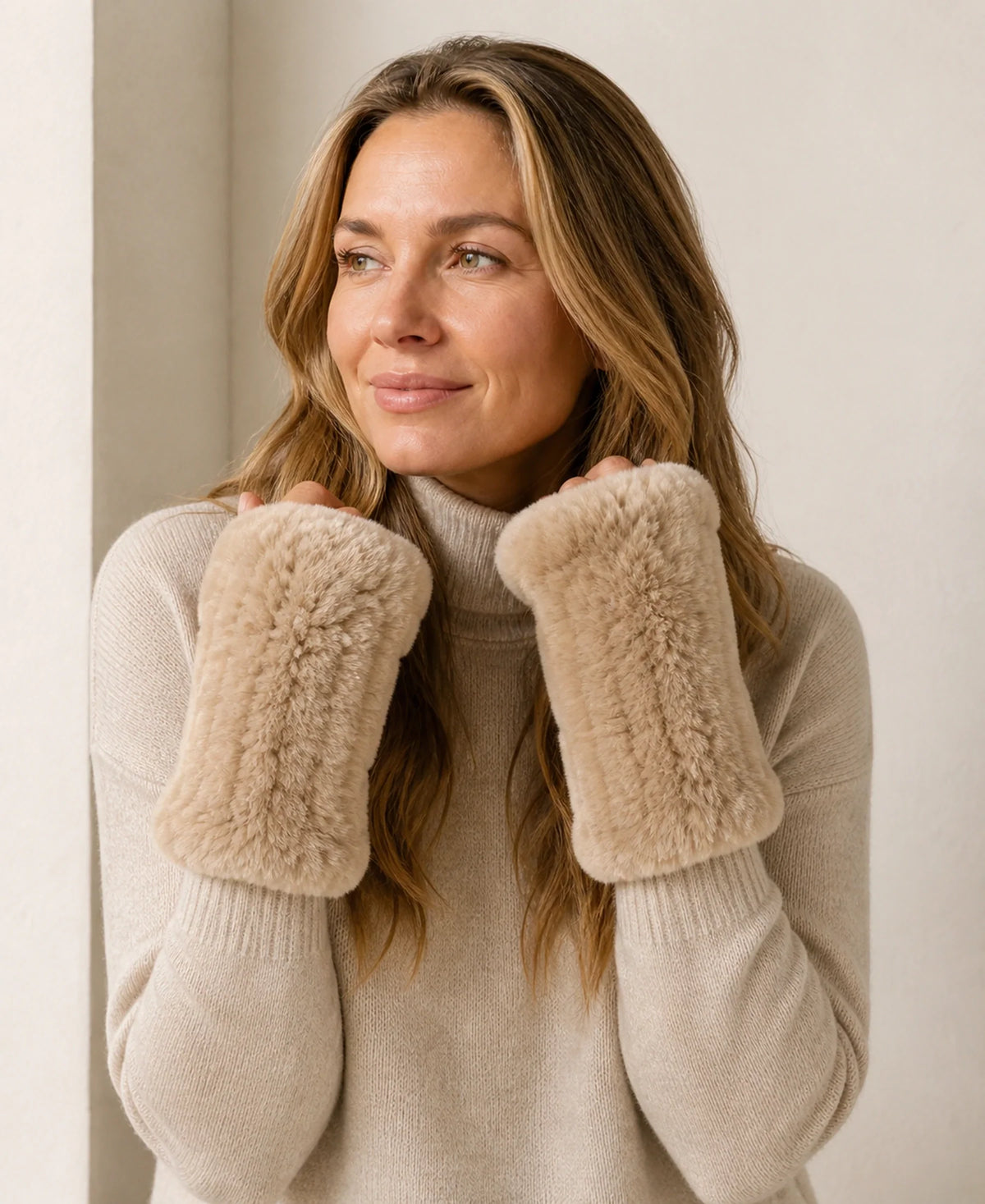 Genuine Rex Rabbit Fur Fingerless Mittens - Double-Sided Fur – Color: Natural Camel on-model lifestyle image