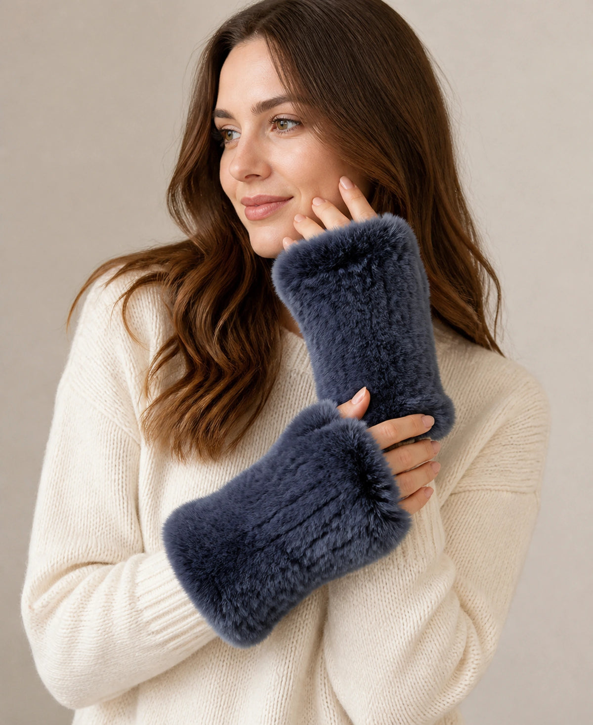 Women's Genuine Rex Rabbit Fur Fingerless Gloves – Color: Dark blue on-model lifestyle image