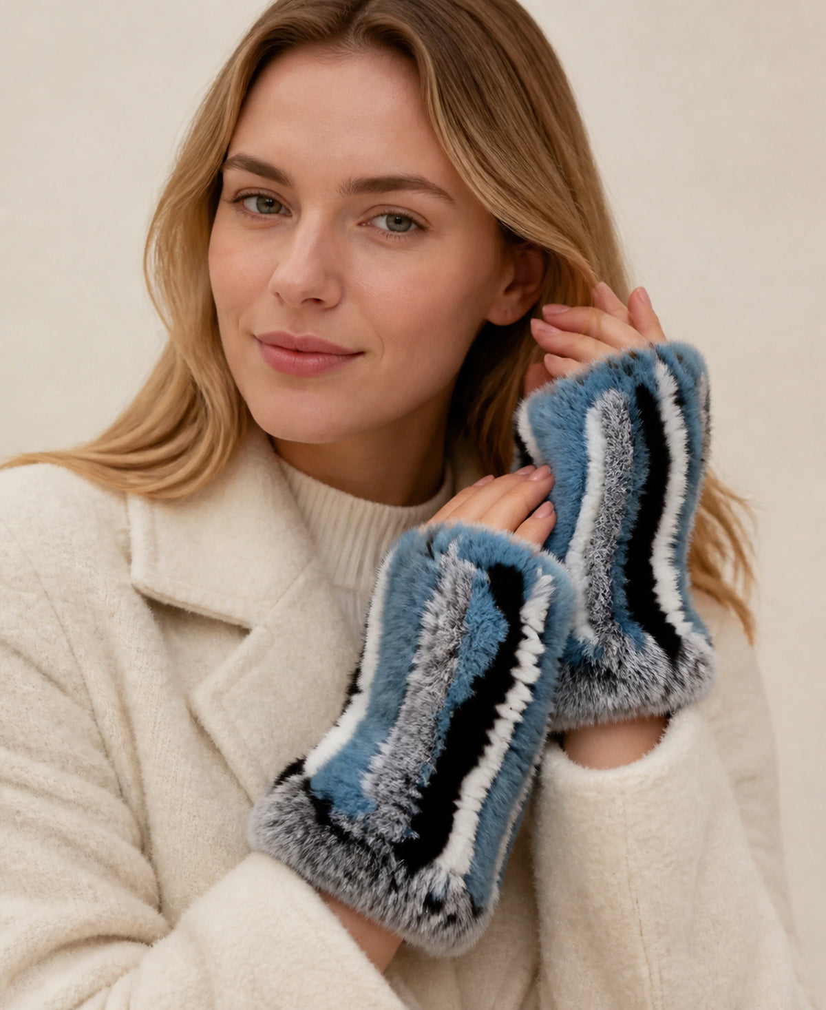 Women's Genuine Rex Rabbit Fur Fingerless Gloves – Color: Flower blue on-model lifestyle image