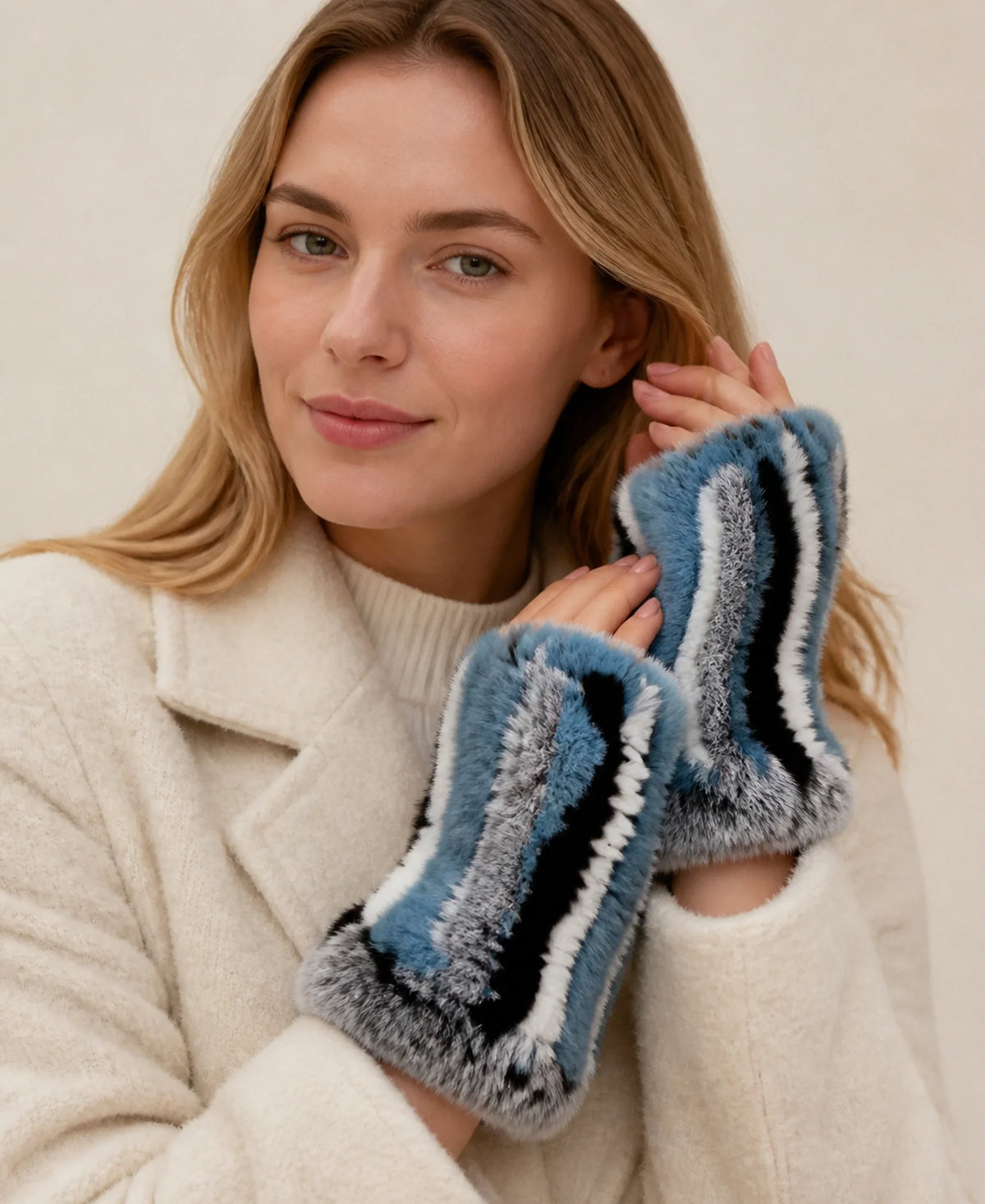 Women's Genuine Rex Rabbit Fur Fingerless Gloves – Color: Flower blue on-model lifestyle image