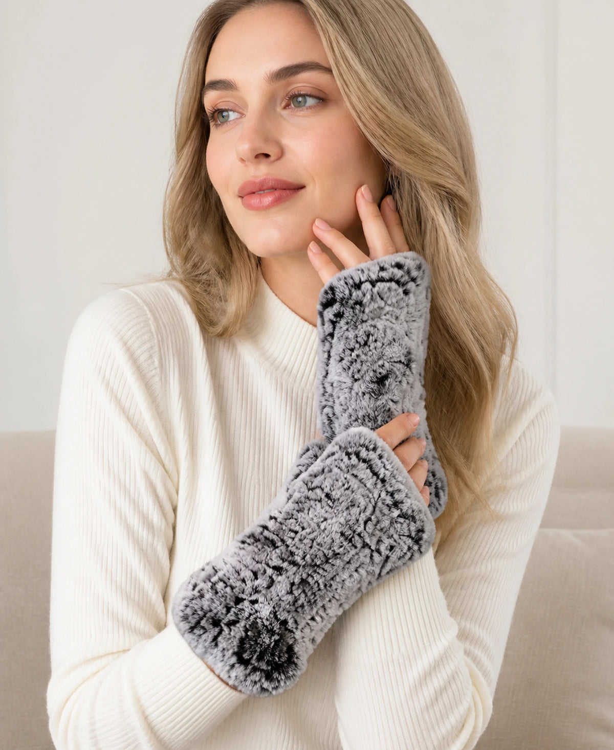 Women's Genuine Rex Rabbit Fur Fingerless Gloves – Color: Frost black on-model lifestyle image