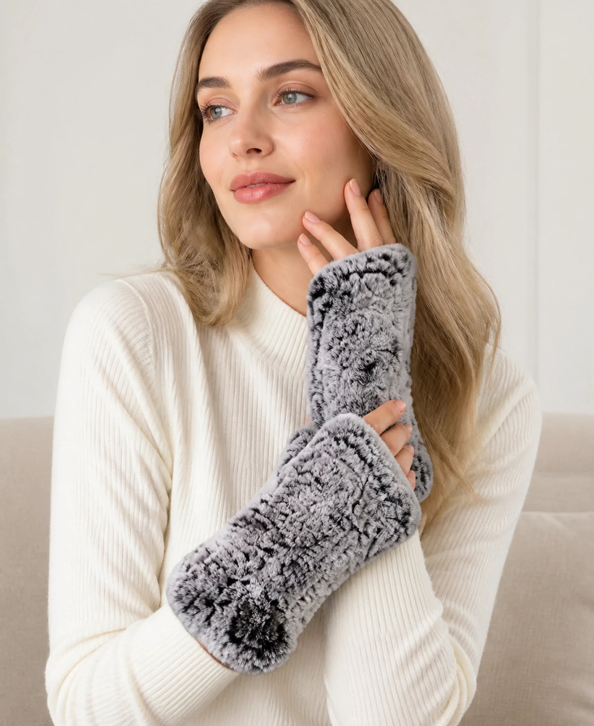 Women's Genuine Rex Rabbit Fur Fingerless Gloves – Color: Frost black on-model lifestyle image