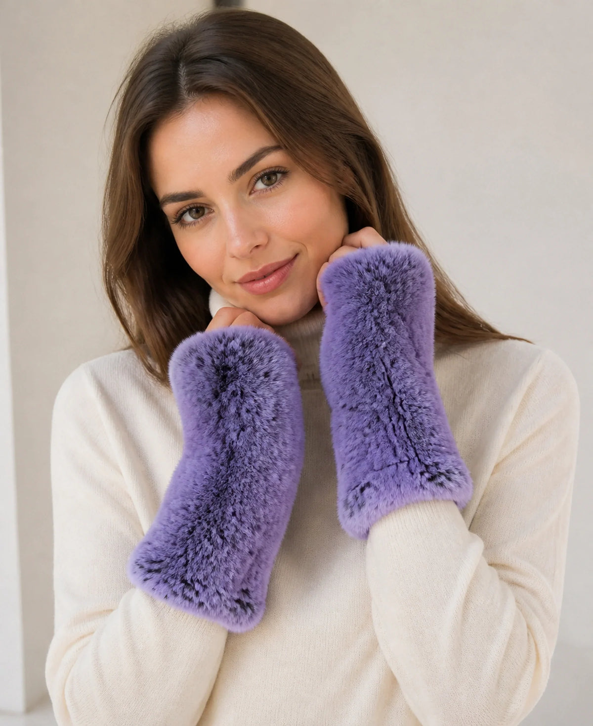 Women's Genuine Rex Rabbit Fur Fingerless Gloves – Color: Frost purple on-model lifestyle image