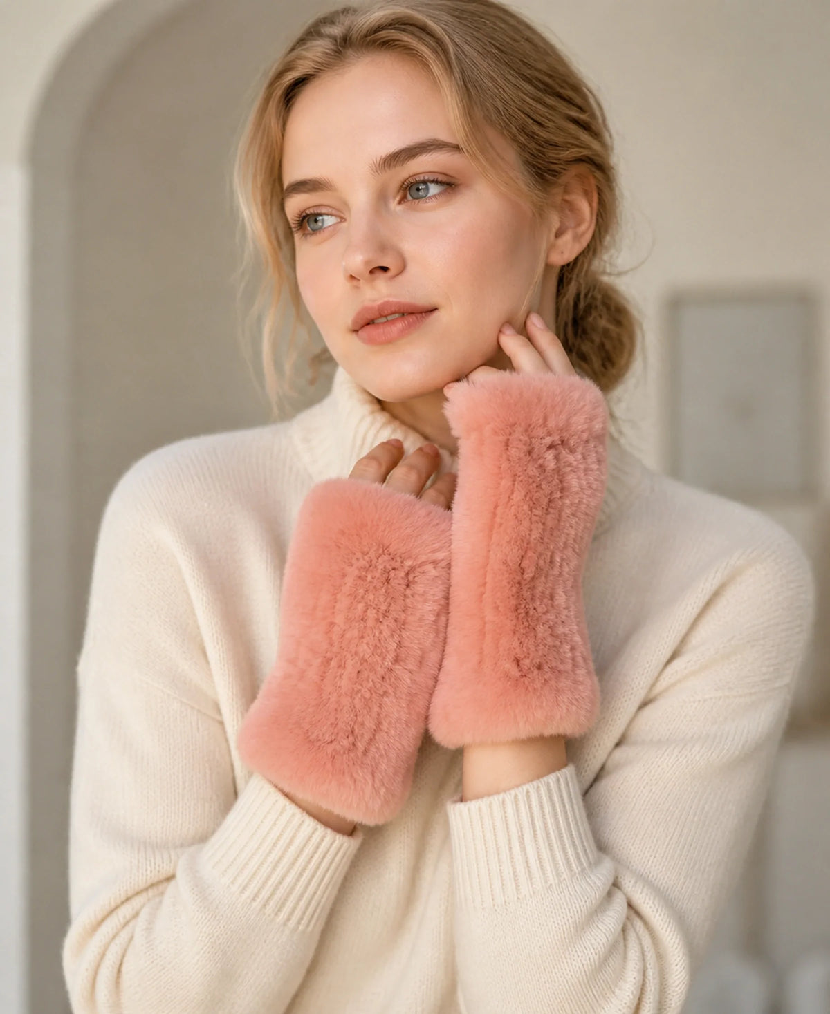 Women's Genuine Rex Rabbit Fur Fingerless Gloves – Color: Han Pink on-model lifestyle image