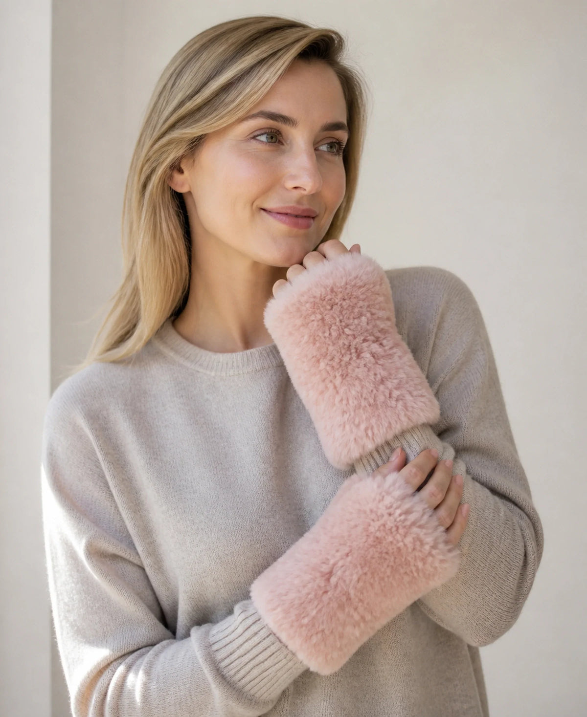 Women's Genuine Rex Rabbit Fur Fingerless Gloves – Color: Naked pink on-model lifestyle image