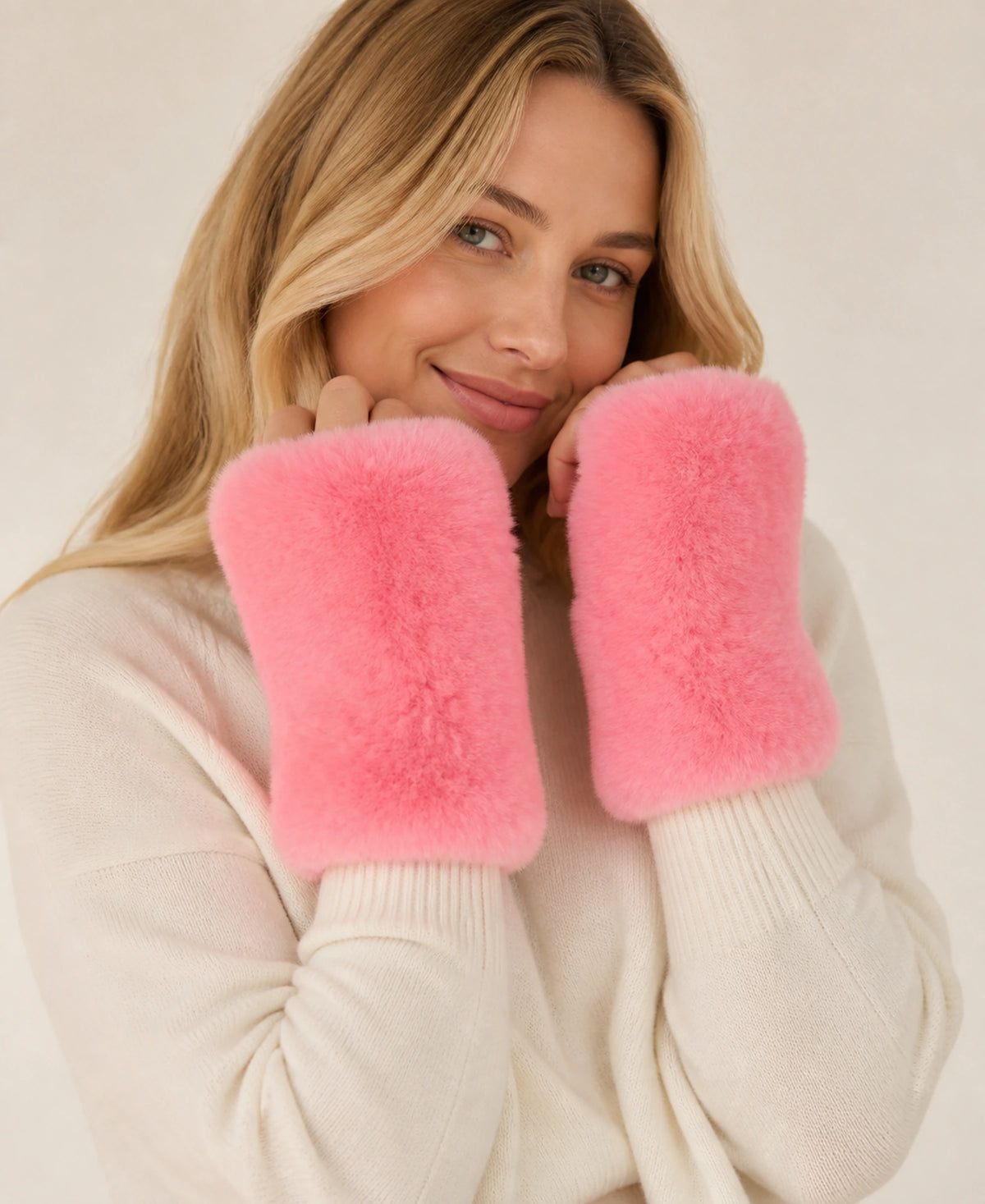 Women's Genuine Rex Rabbit Fur Fingerless Gloves – Color: Pink on-model lifestyle image