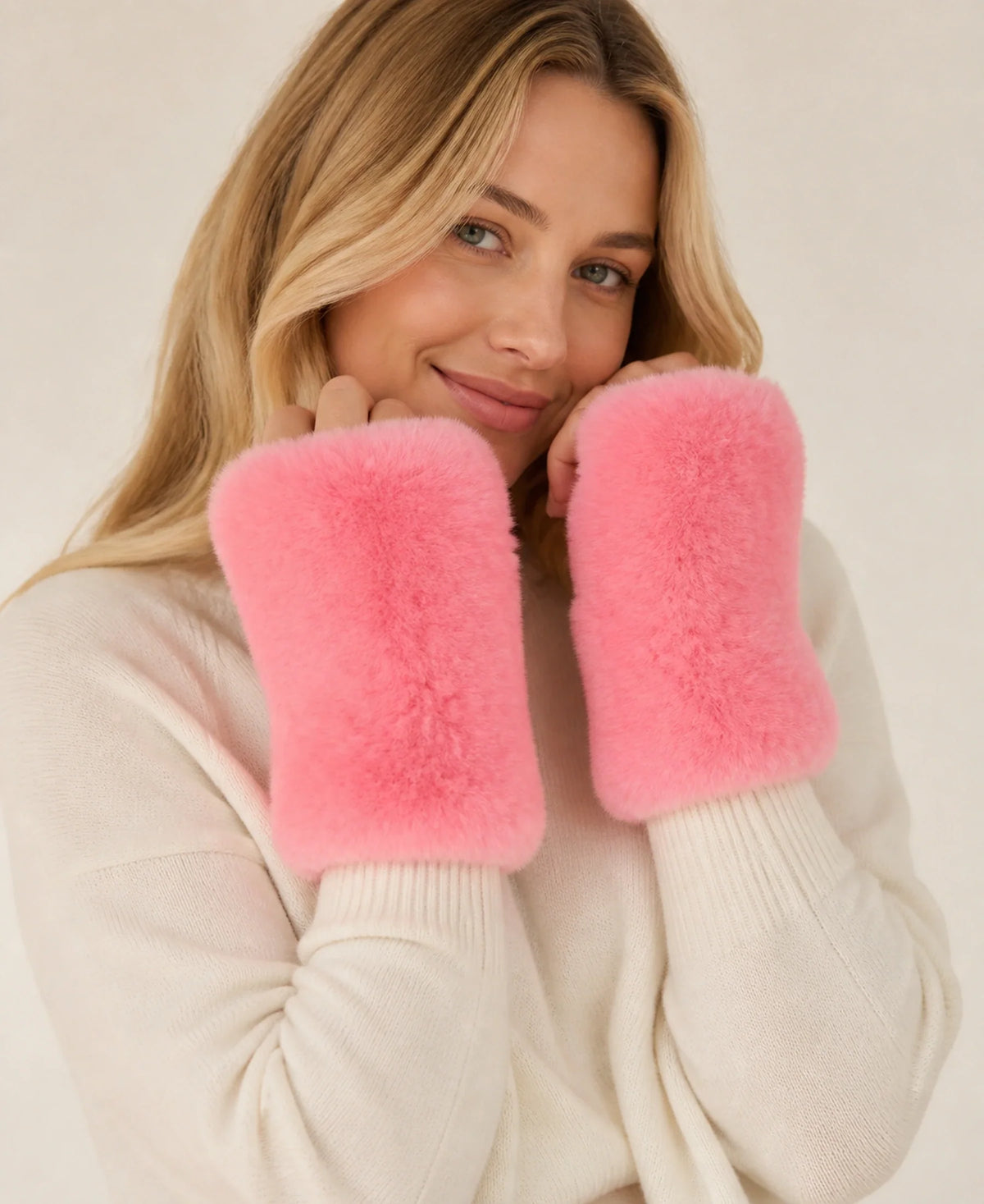 Women's Genuine Rex Rabbit Fur Fingerless Gloves – Color: Pink on-model lifestyle image