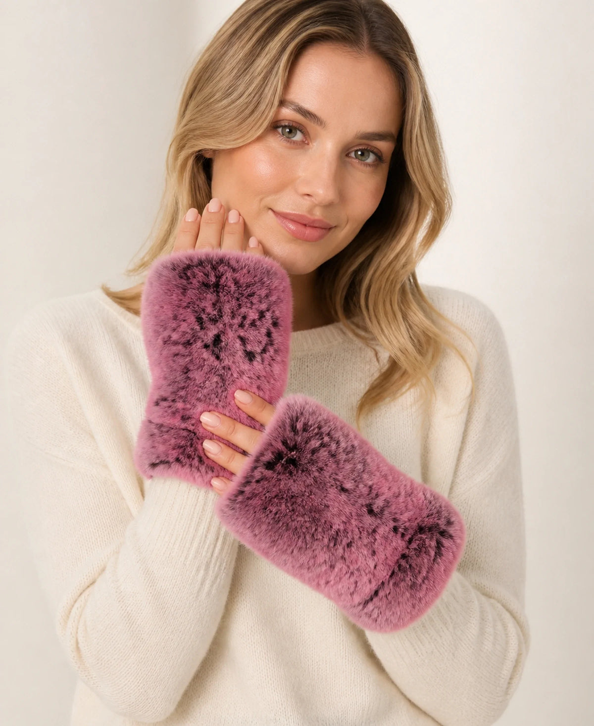 Women's Genuine Rex Rabbit Fur Fingerless Gloves – Color: Rose purple on-model lifestyle image
