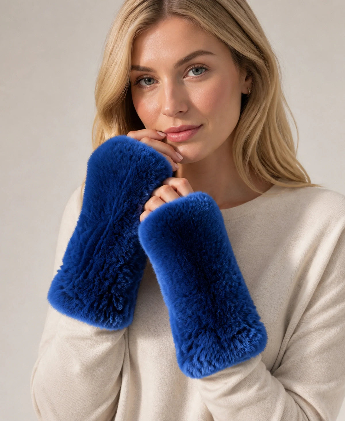 Women's Genuine Rex Rabbit Fur Fingerless Gloves – Color: Royal blue on-model lifestyle image