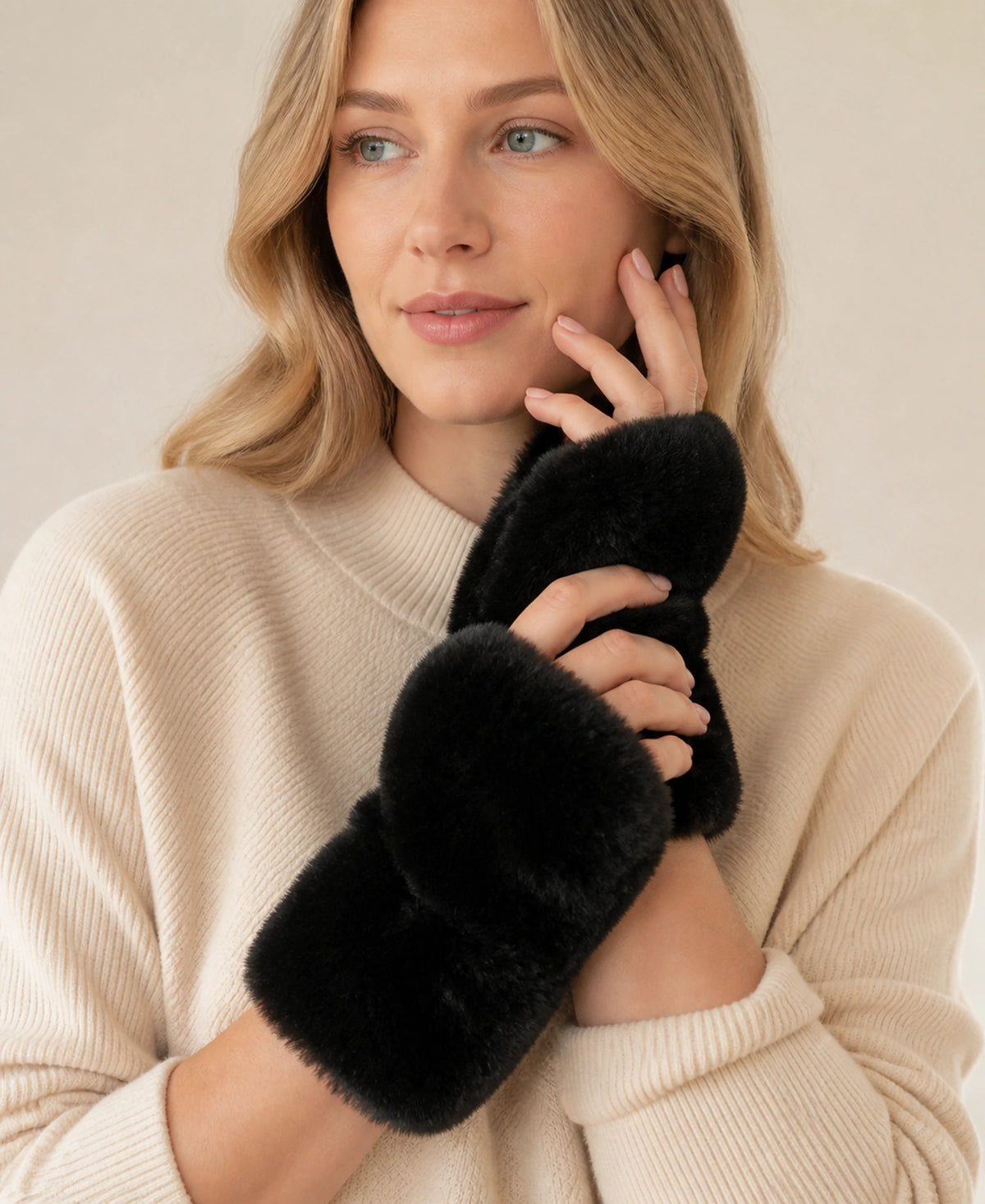 Women's Genuine Rex Rabbit Fur Fingerless Gloves – Color: black on-model lifestyle image