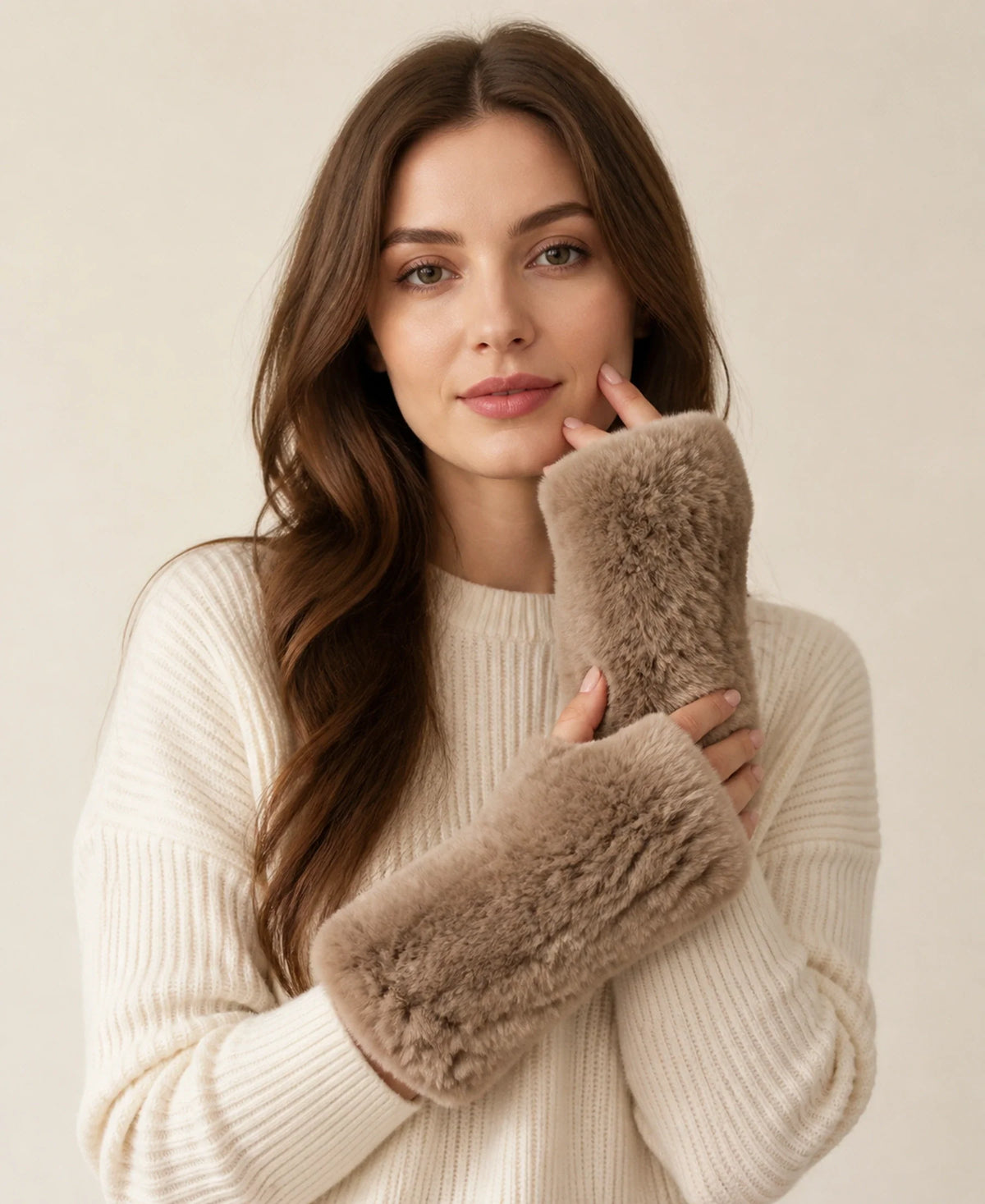 Women's Genuine Rex Rabbit Fur Fingerless Gloves – Color: dark brown on-model lifestyle image