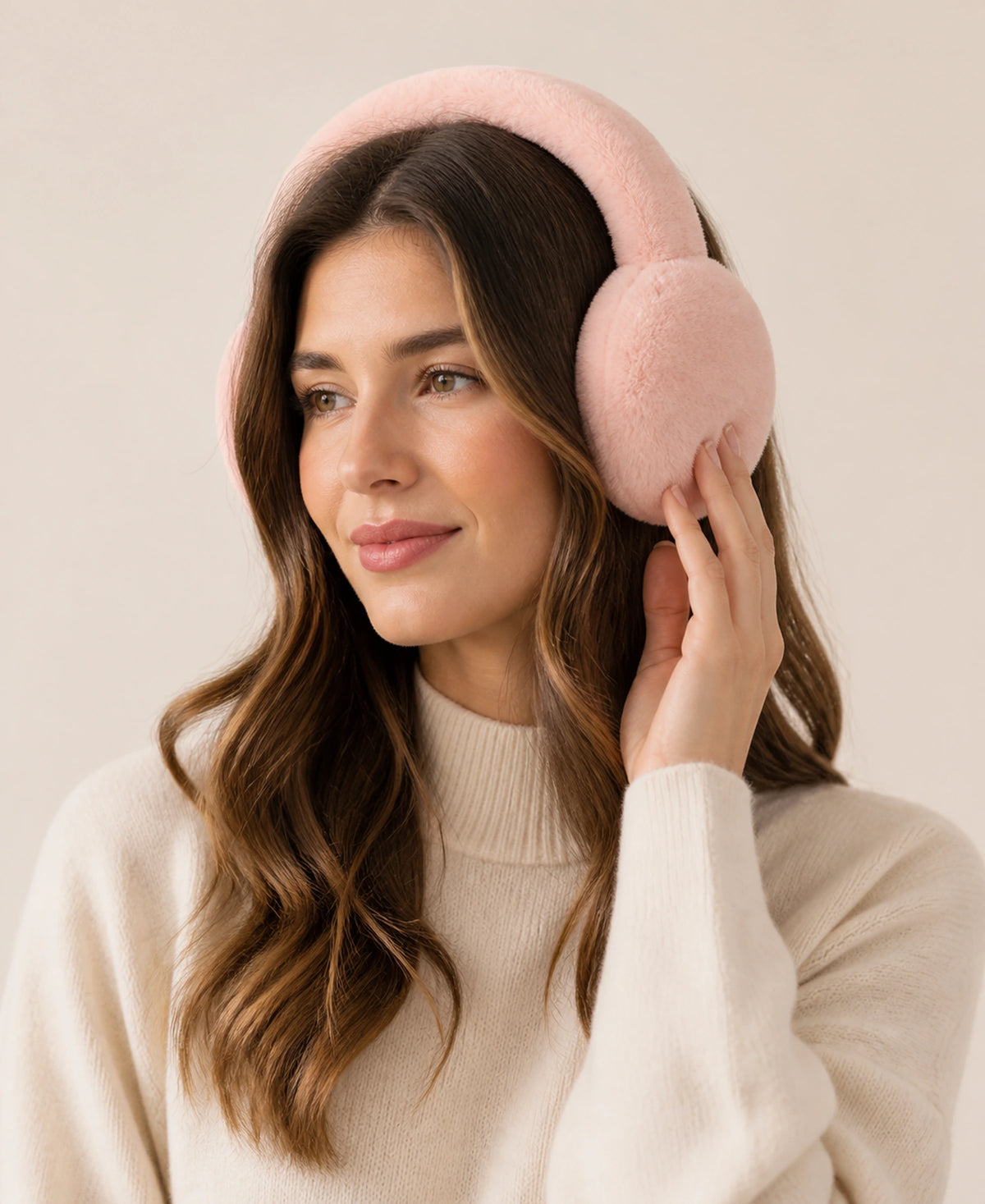 Genuine Rex Rabbit Fur Earmuffs - Adjustable Double-Sided Warmth – Color: Blush Pink on-model lifestyle image
